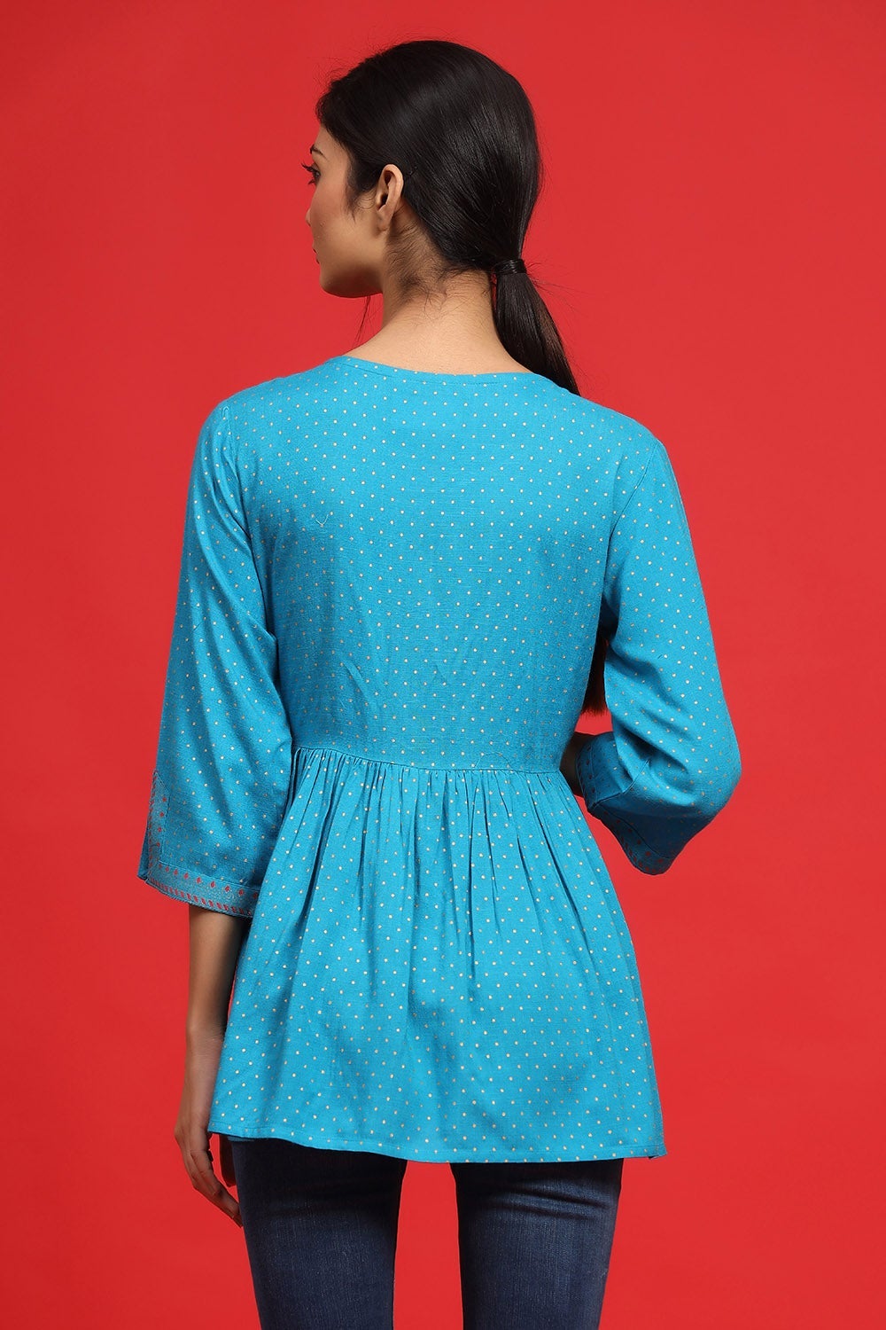 Juniper Sky Blue Polka Dot Printed Rayon Peplum Tunic