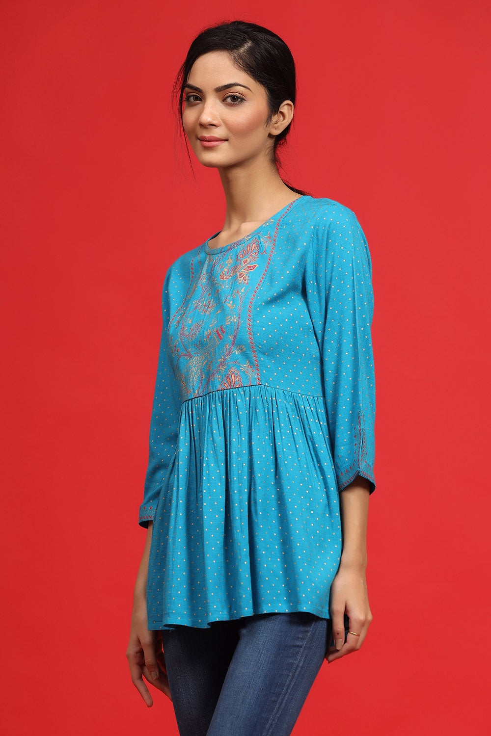 Juniper Sky Blue Polka Dot Printed Rayon Peplum Tunic