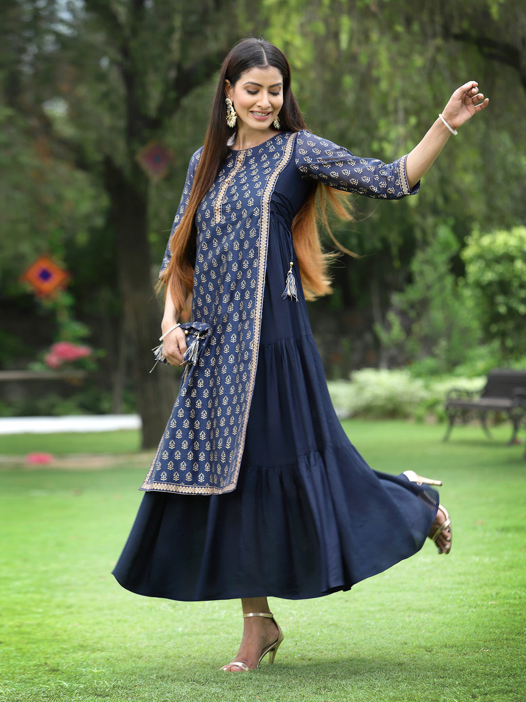 Juniper Women's Navy Chanderi Silk Printed Layered Kurta Dress With Purse & Hair-Band