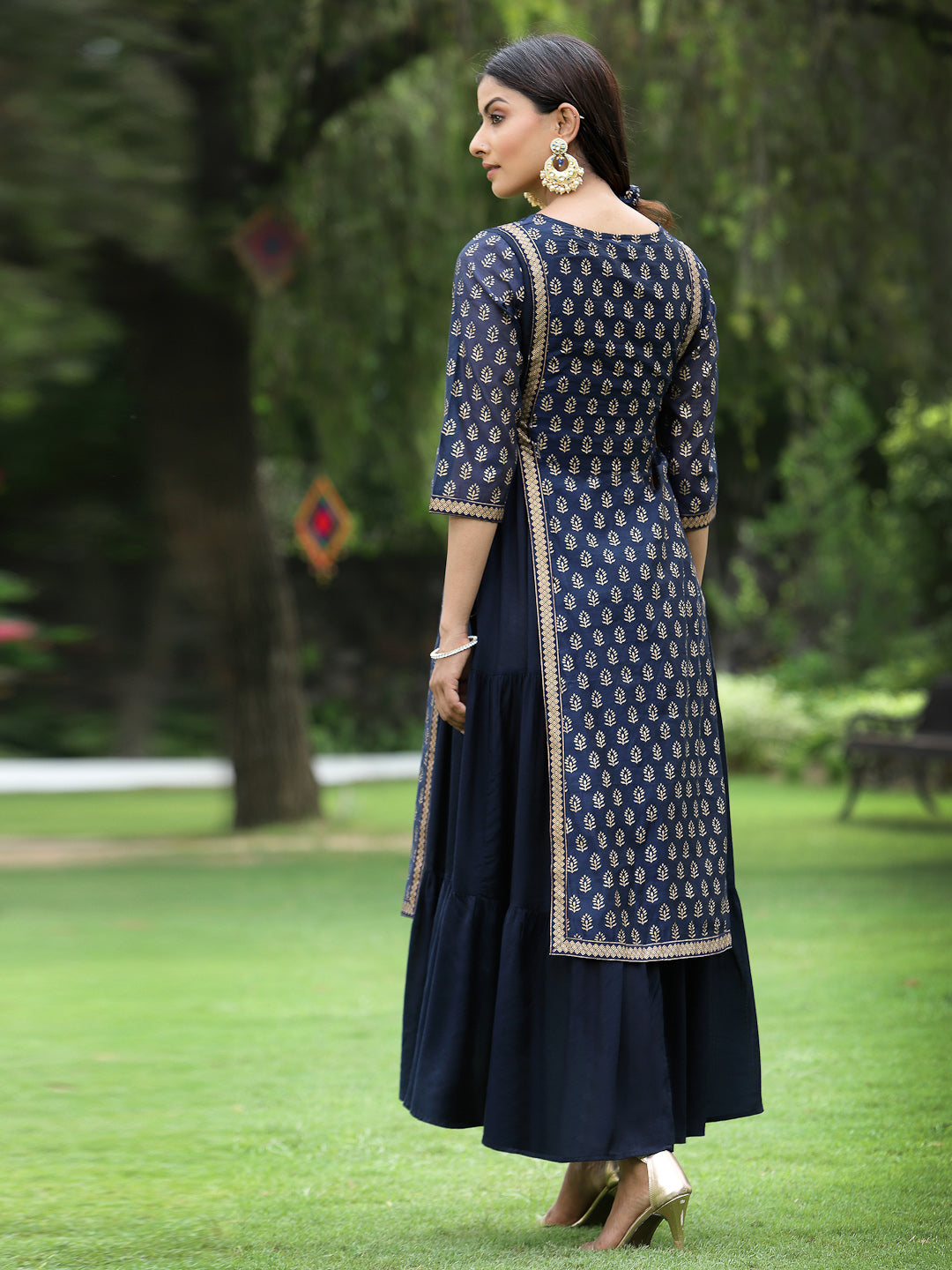 Juniper Women's Navy Chanderi Silk Printed Layered Kurta Dress With Purse & Hair-Band