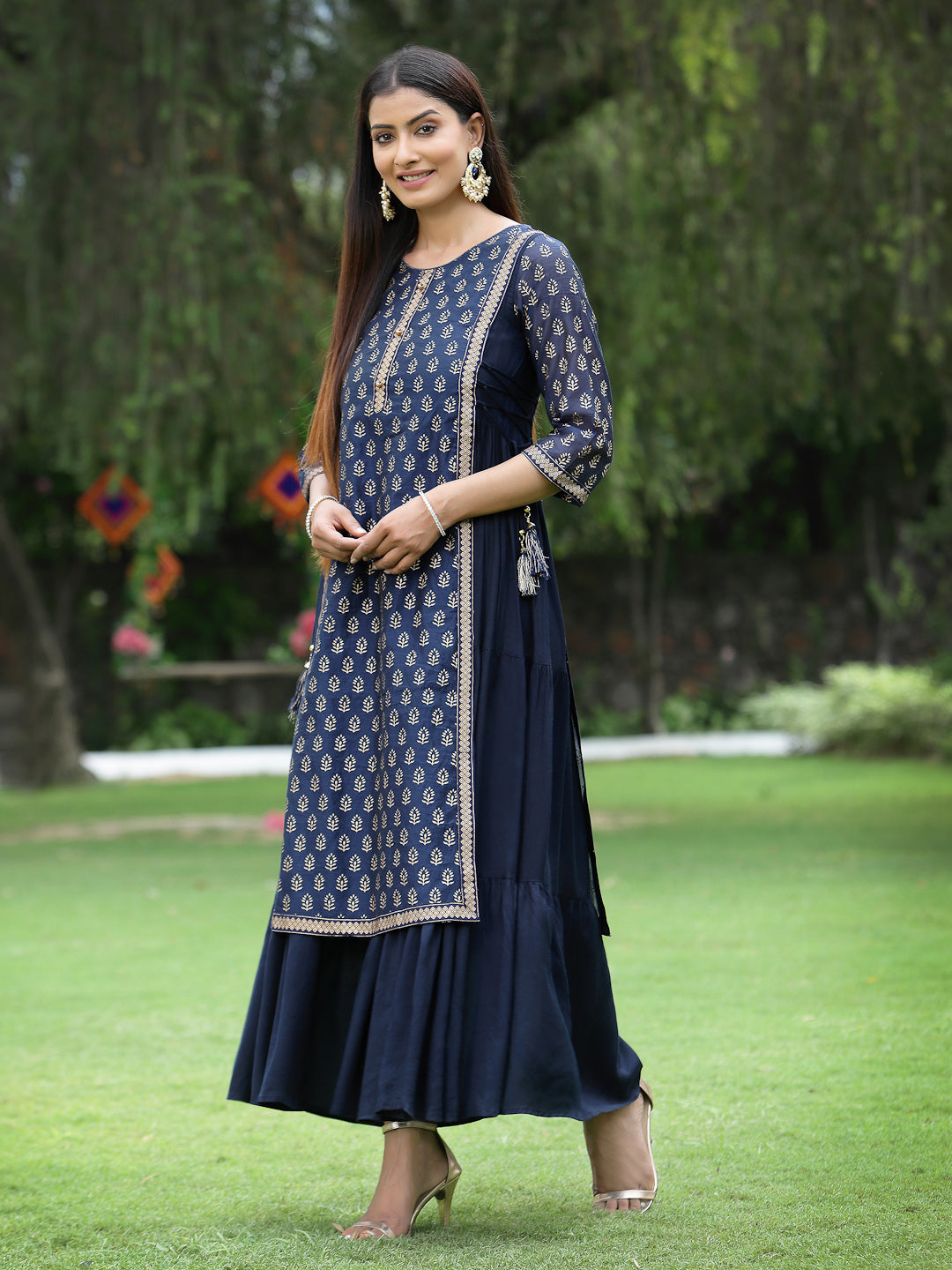 Juniper Women's Navy Chanderi Silk Printed Layered Kurta Dress With Purse & Hair-Band