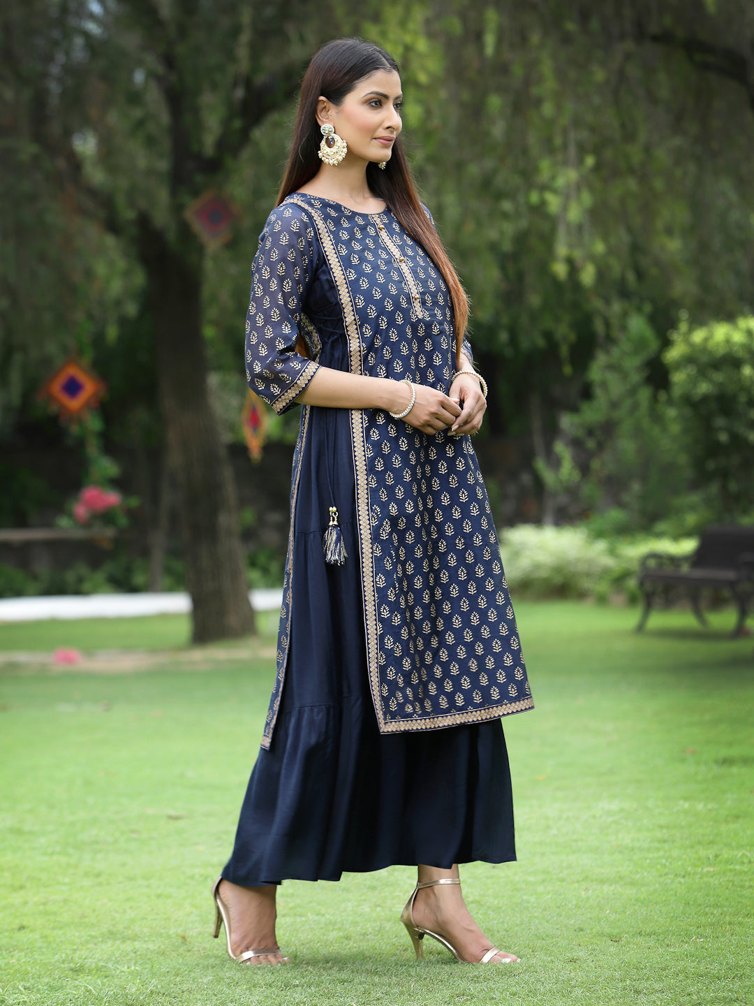 Juniper Women's Navy Chanderi Silk Printed Layered Kurta Dress With Purse & Hair-Band