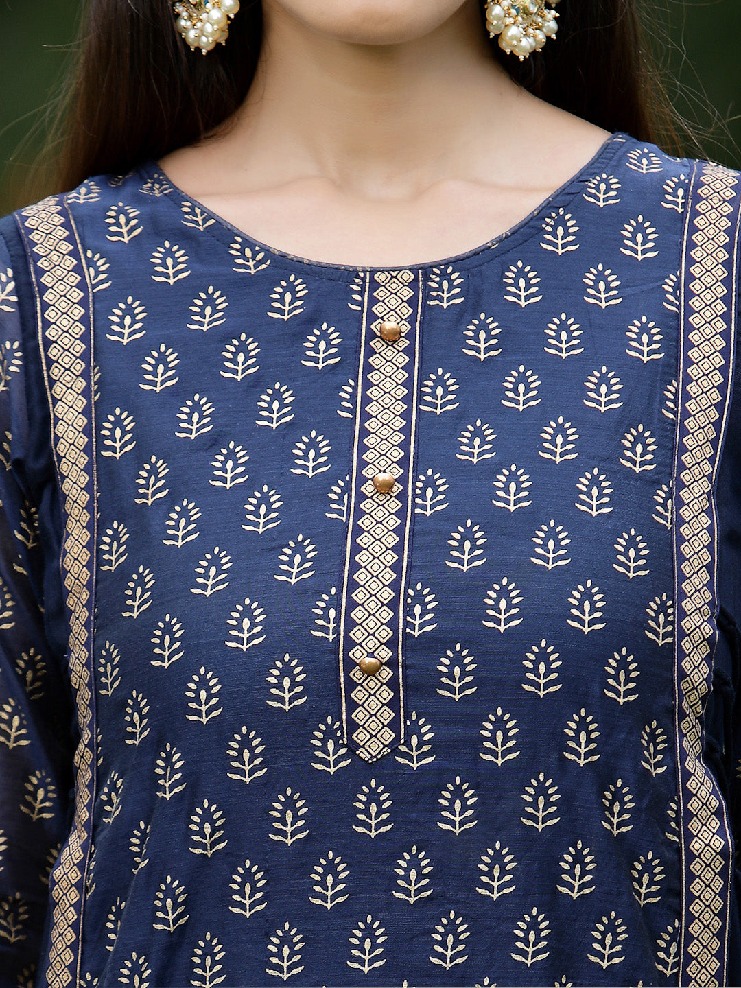 Juniper Women's Navy Chanderi Silk Printed Layered Kurta Dress With Purse & Hair-Band