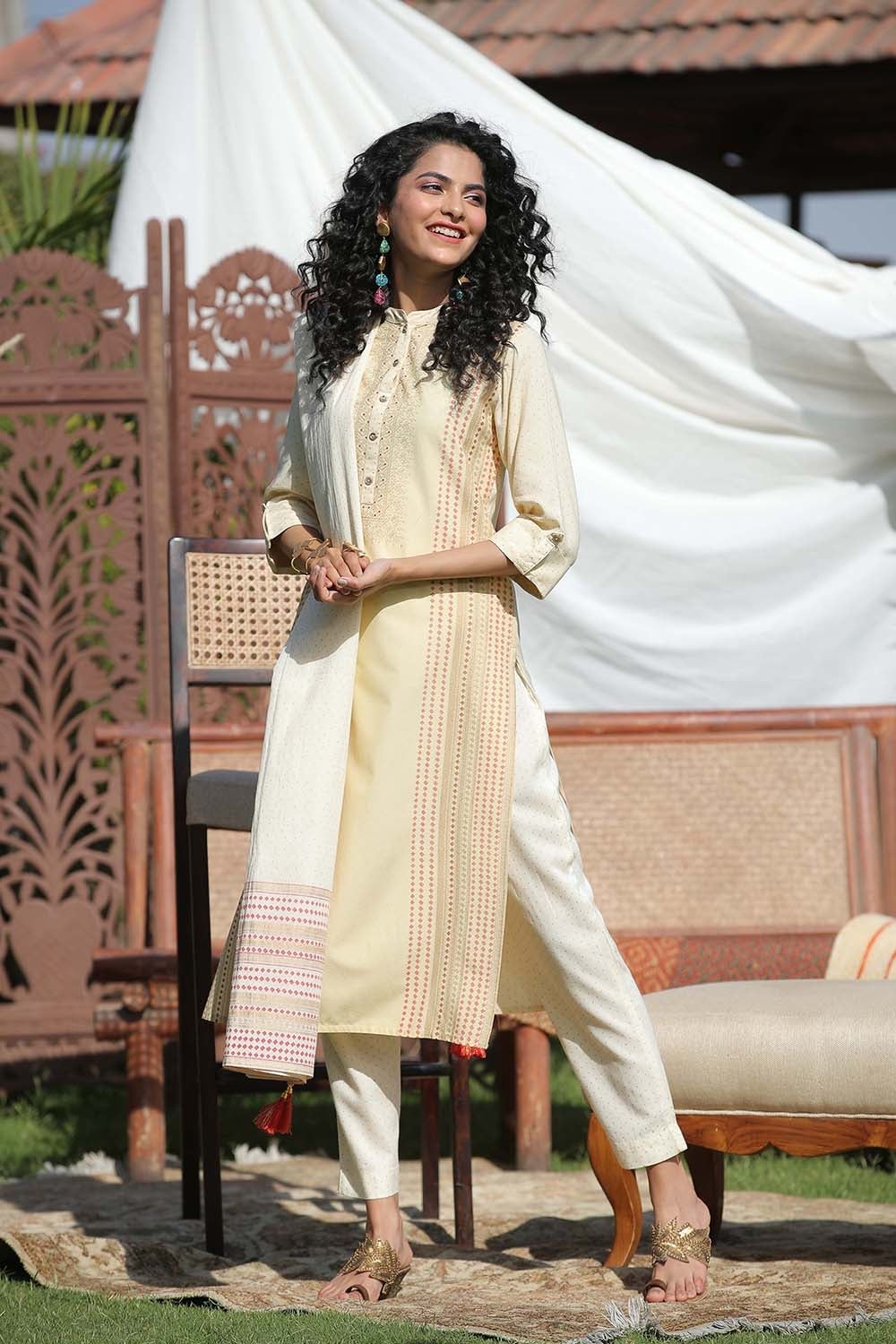 Juniper Ivory Stipes Printed  Rayon Straight Kurta Pants & Cotton Voile Dupatta