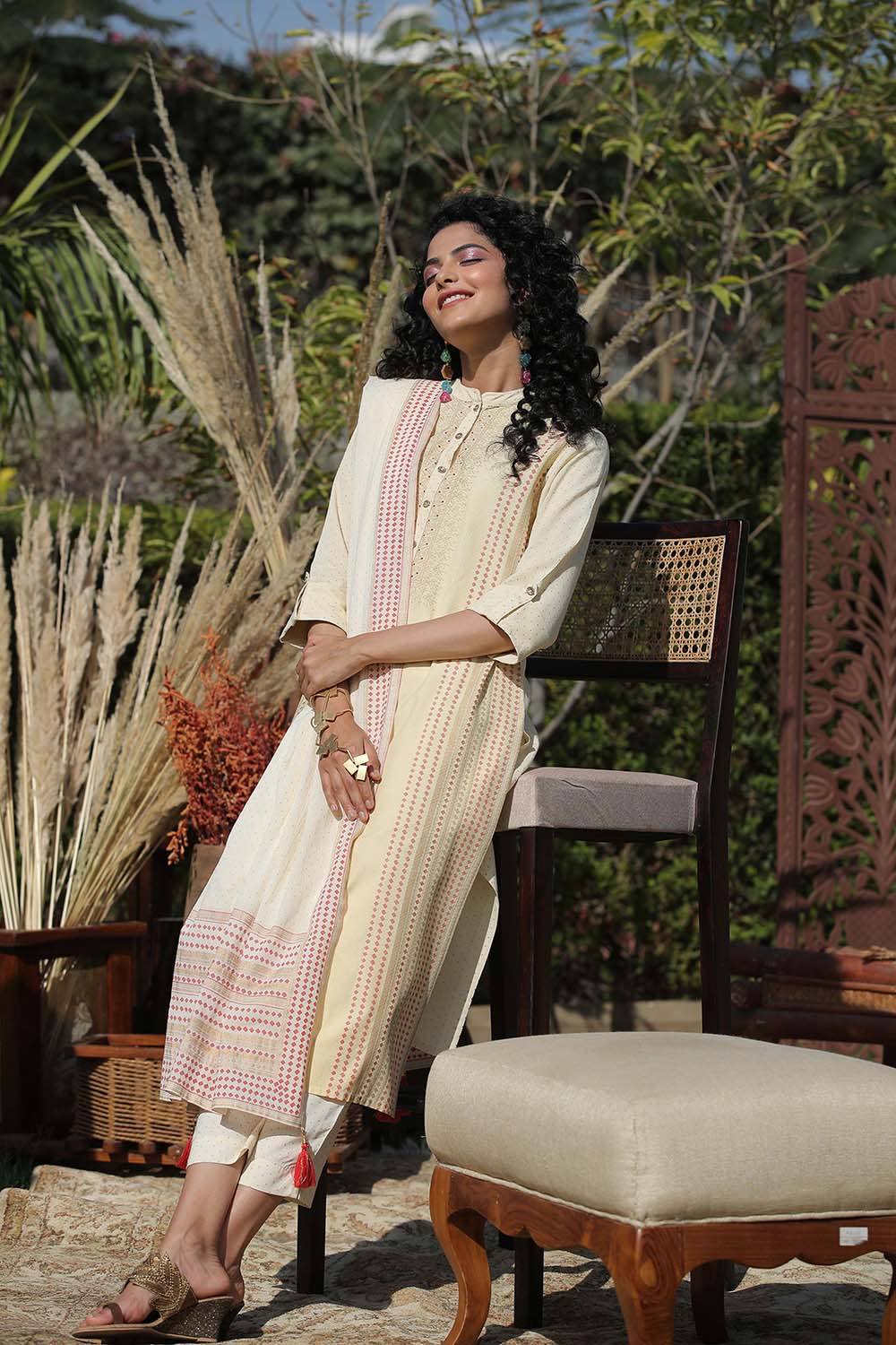 Juniper Ivory Stipes Printed  Rayon Straight Kurta Pants & Cotton Voile Dupatta