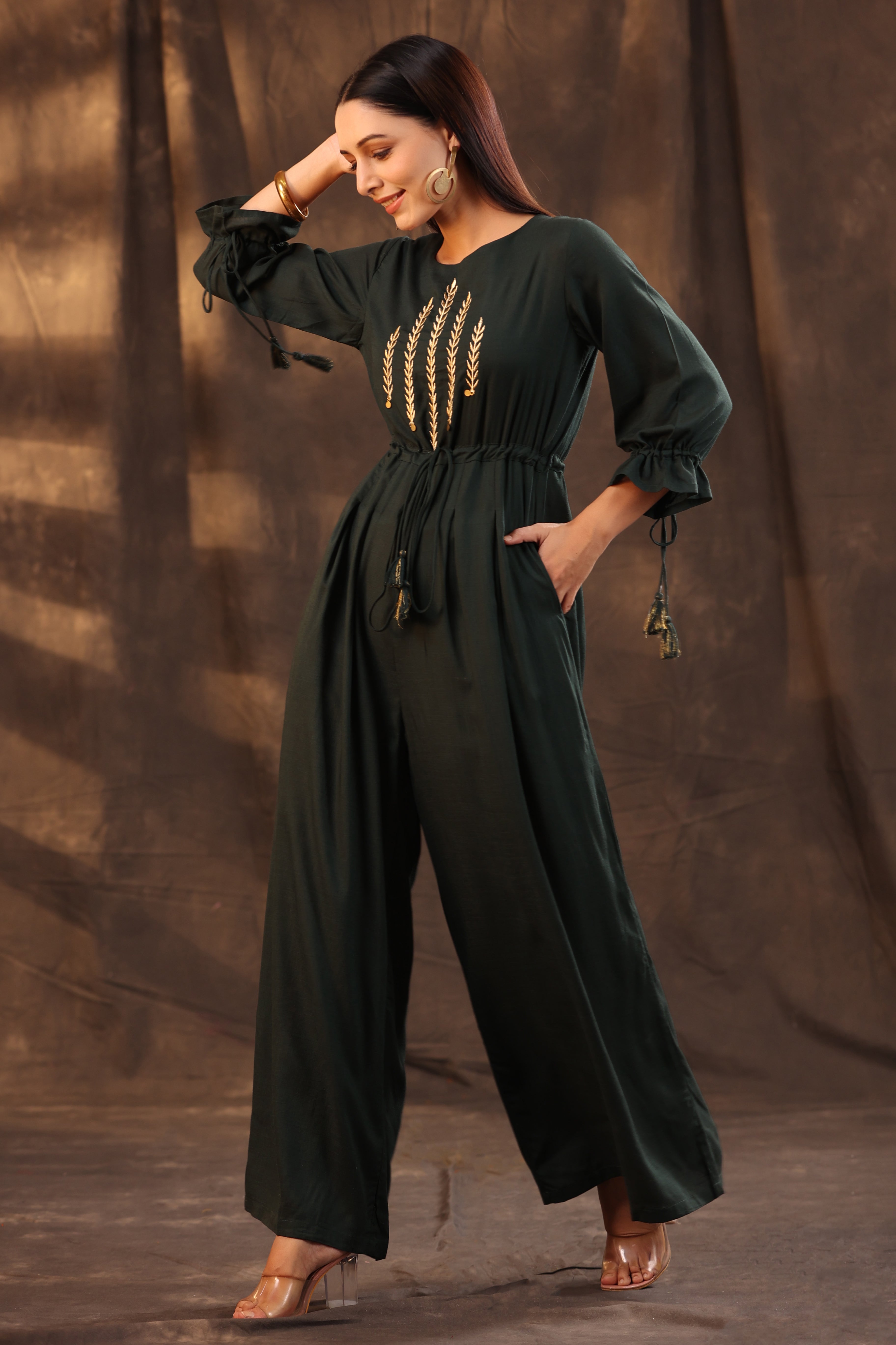 Juniper Jade Green Ethnic Motif Printed Rayon Slub Jumpsuit With Zari Work Embroidery