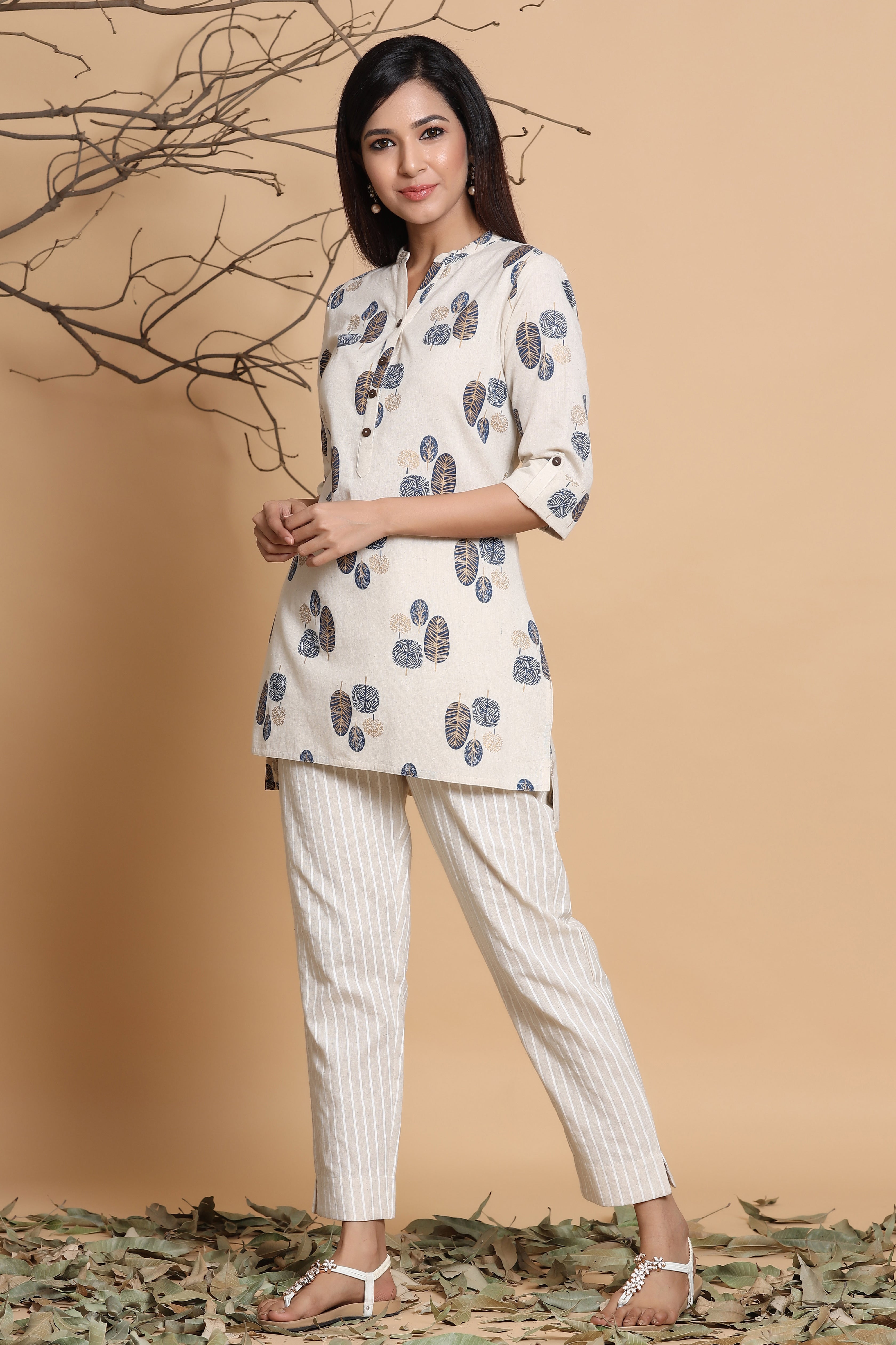 Juniper Natural Ethnic Motif Printed Cotton Flex High-Low Tunic With Buttons