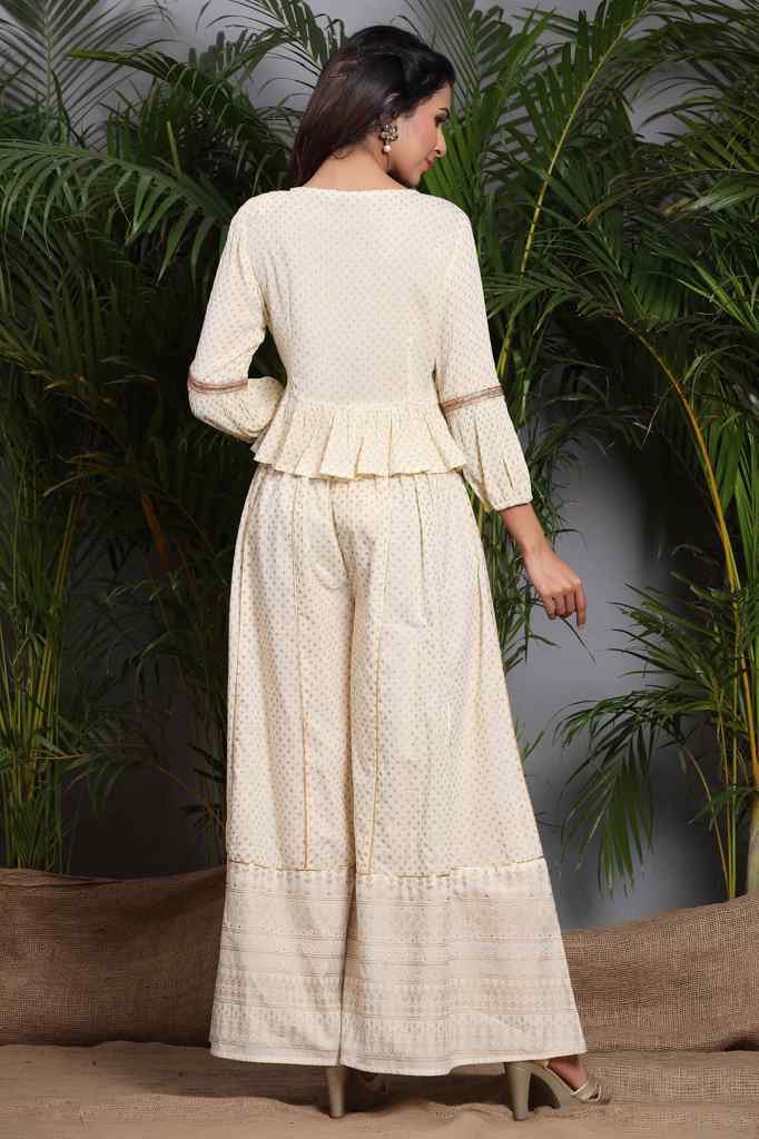 Juniper Ivory LIVA Rayon Crepe Embroidered Peplum Crop-Top with Cambric Palazzo