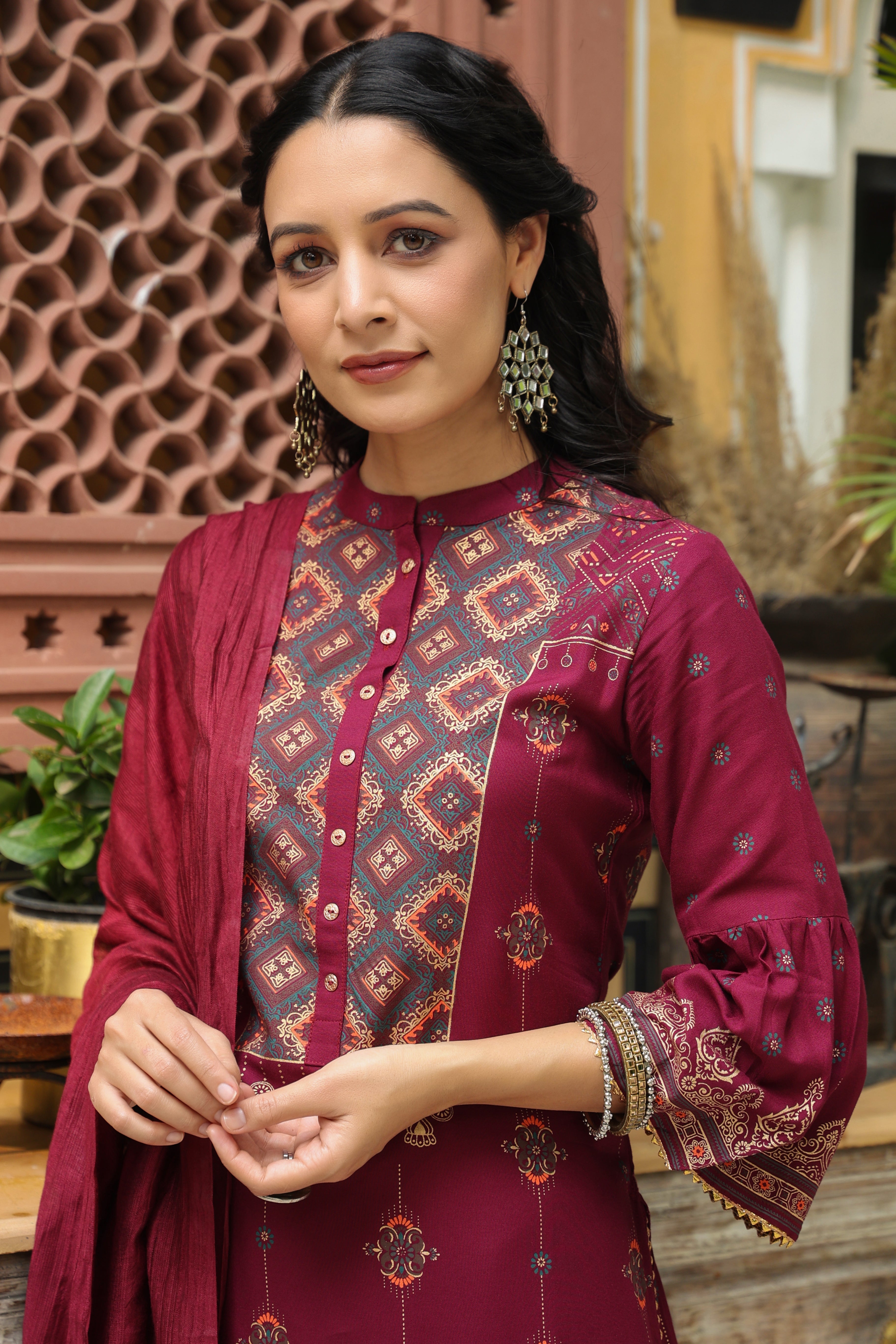 Juniper Wine Ethnic Motif Printed Rayon Straight Kurta & Dupatta Set With Buttons