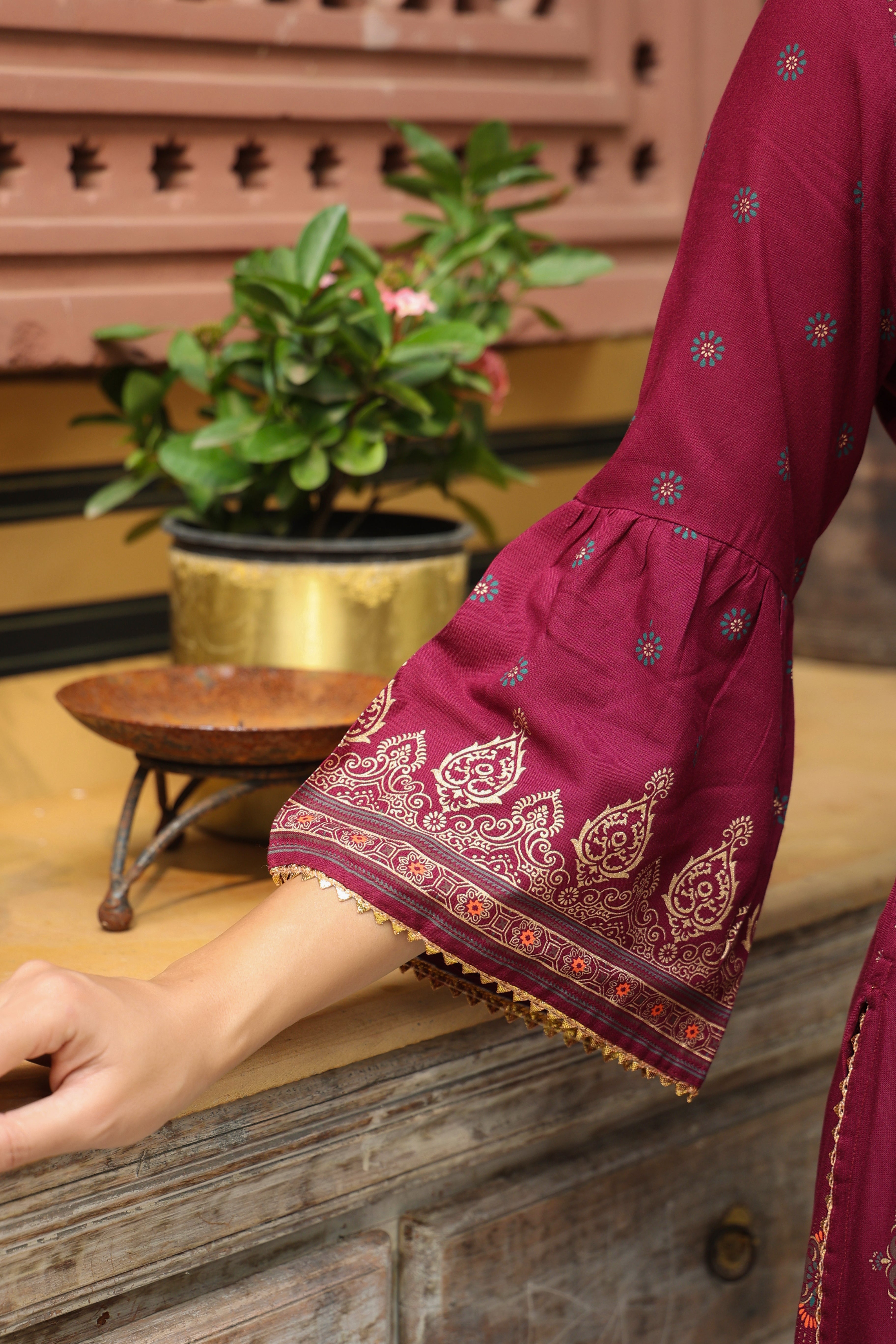 Juniper Wine Ethnic Motif Printed Rayon Straight Kurta & Dupatta Set With Buttons