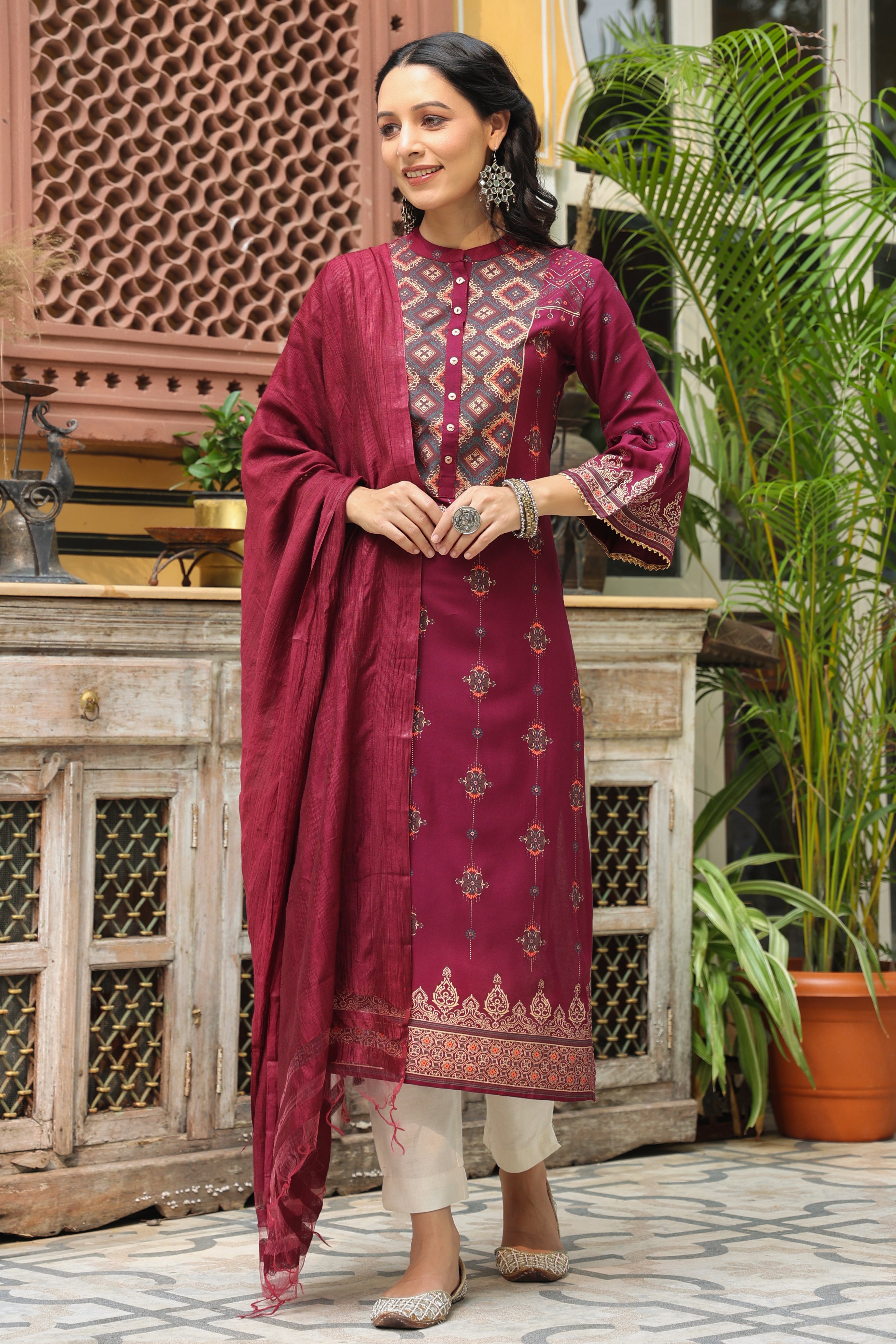 Juniper Wine Ethnic Motif Printed Rayon Straight Kurta & Dupatta Set With Buttons