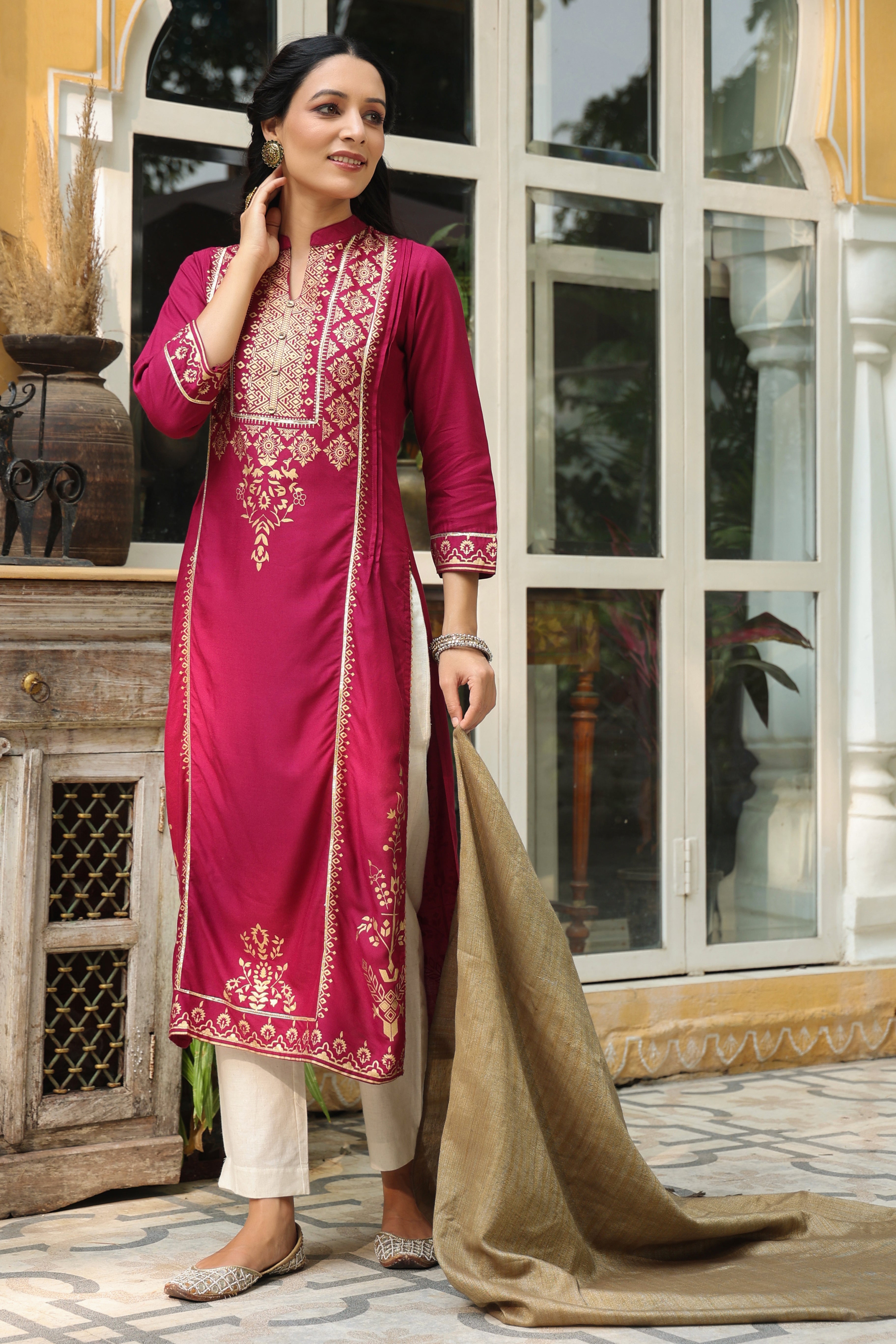 Juniper Wine Ethnic Motif Printed Rayon Straight Kurta & Dupatta Set With Buttons