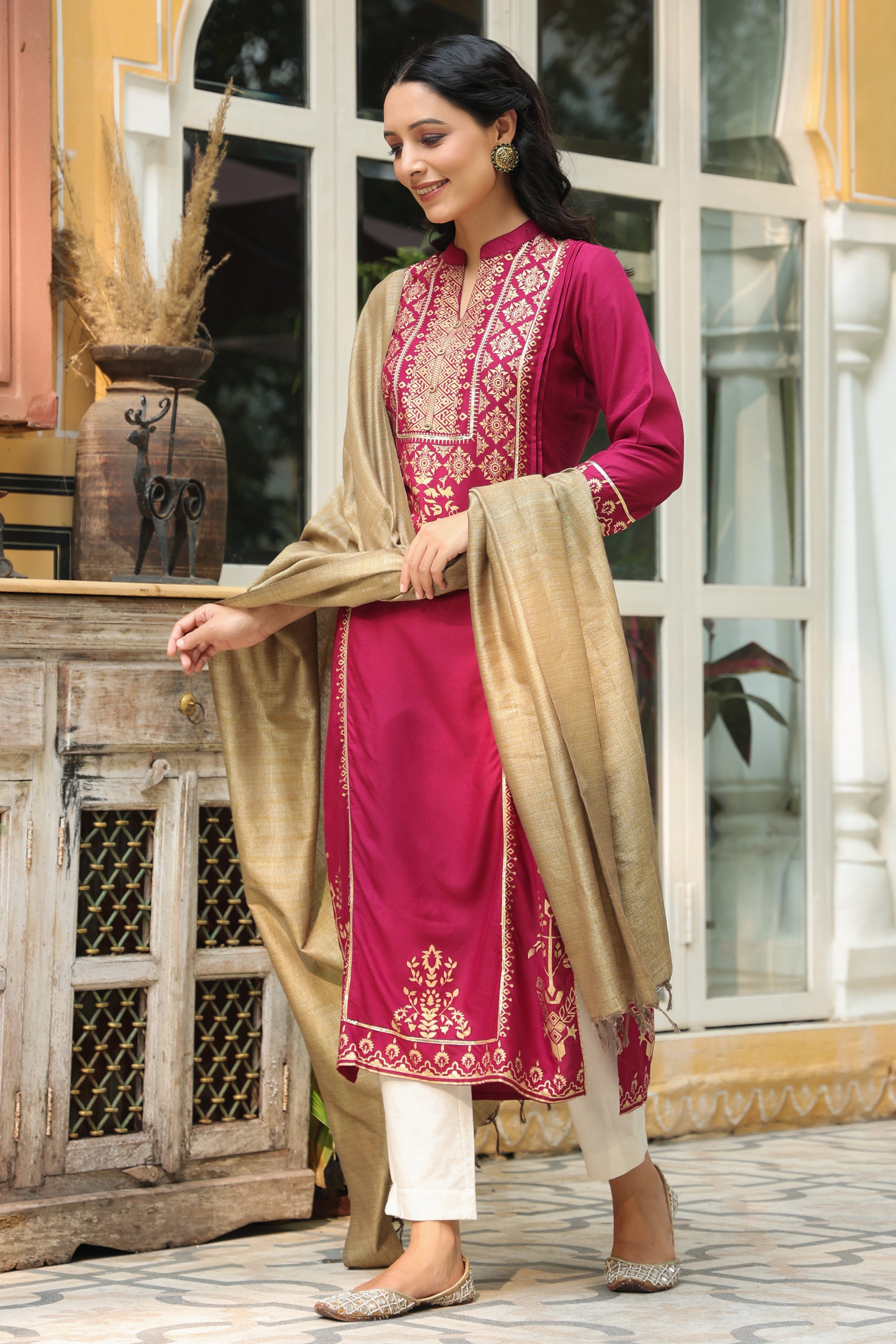 Juniper Wine Ethnic Motif Printed Rayon Straight Kurta & Dupatta Set With Buttons