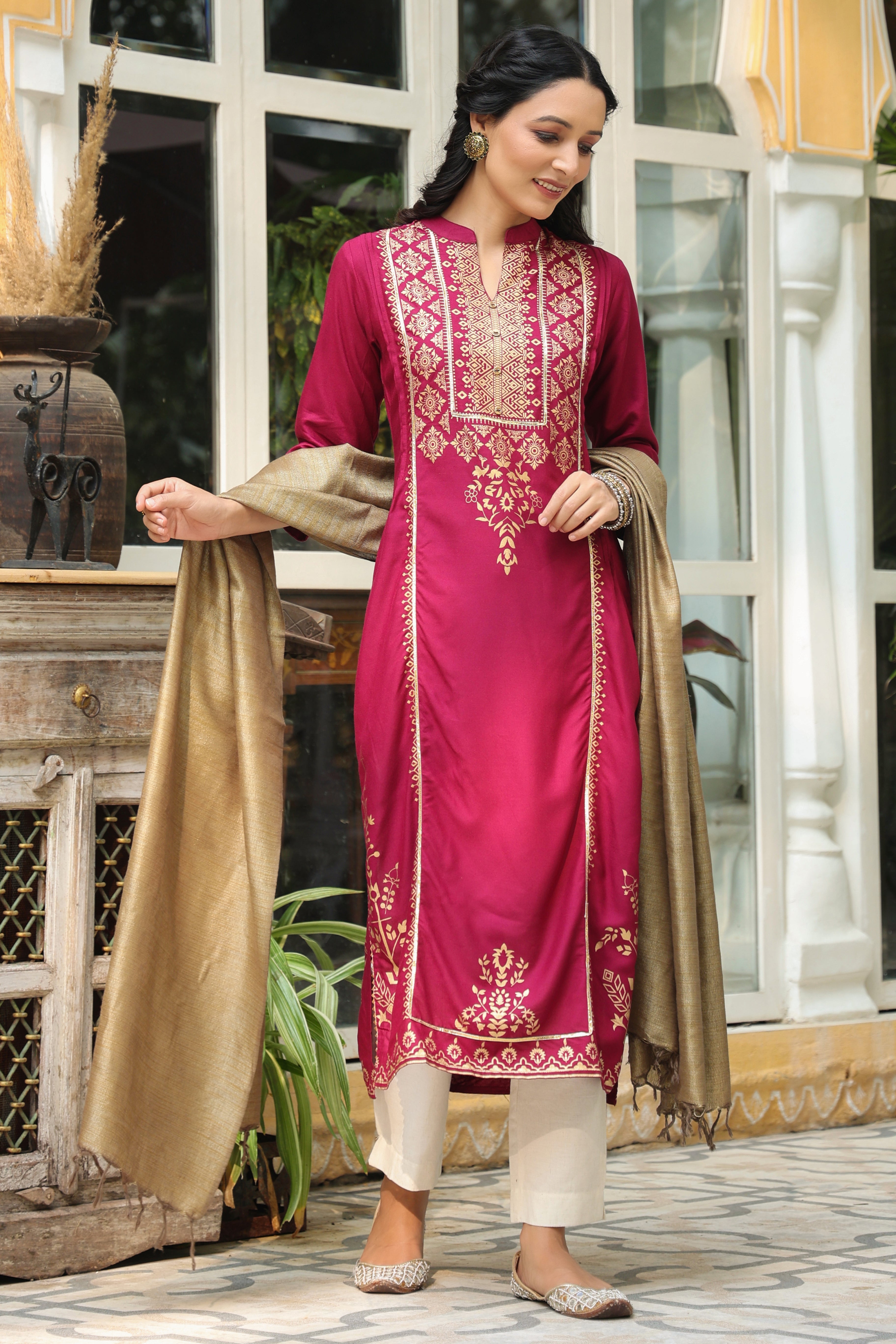 Juniper Wine Ethnic Motif Printed Rayon Straight Kurta & Dupatta Set With Buttons