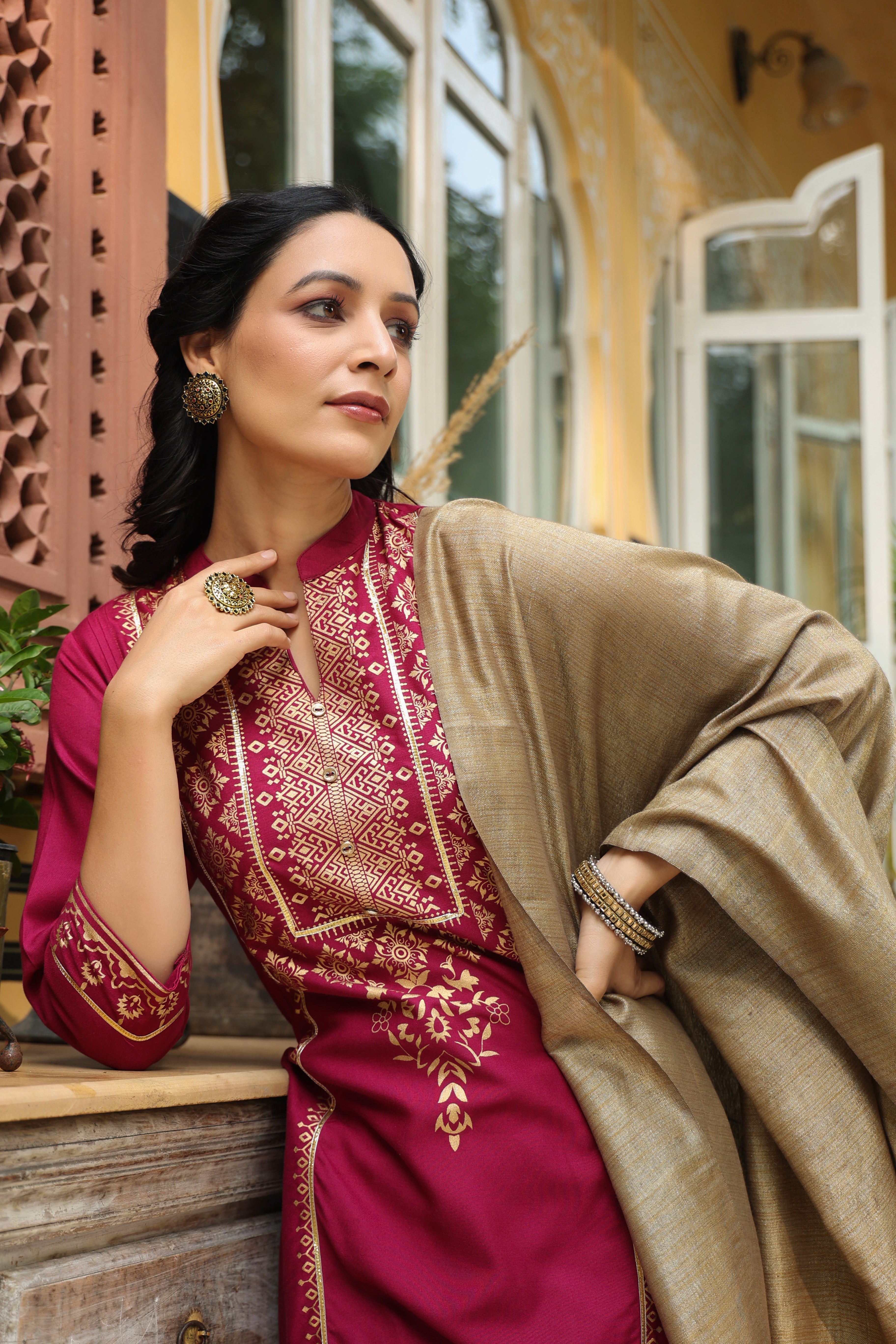 Juniper Wine Ethnic Motif Printed Rayon Straight Kurta & Dupatta Set With Buttons