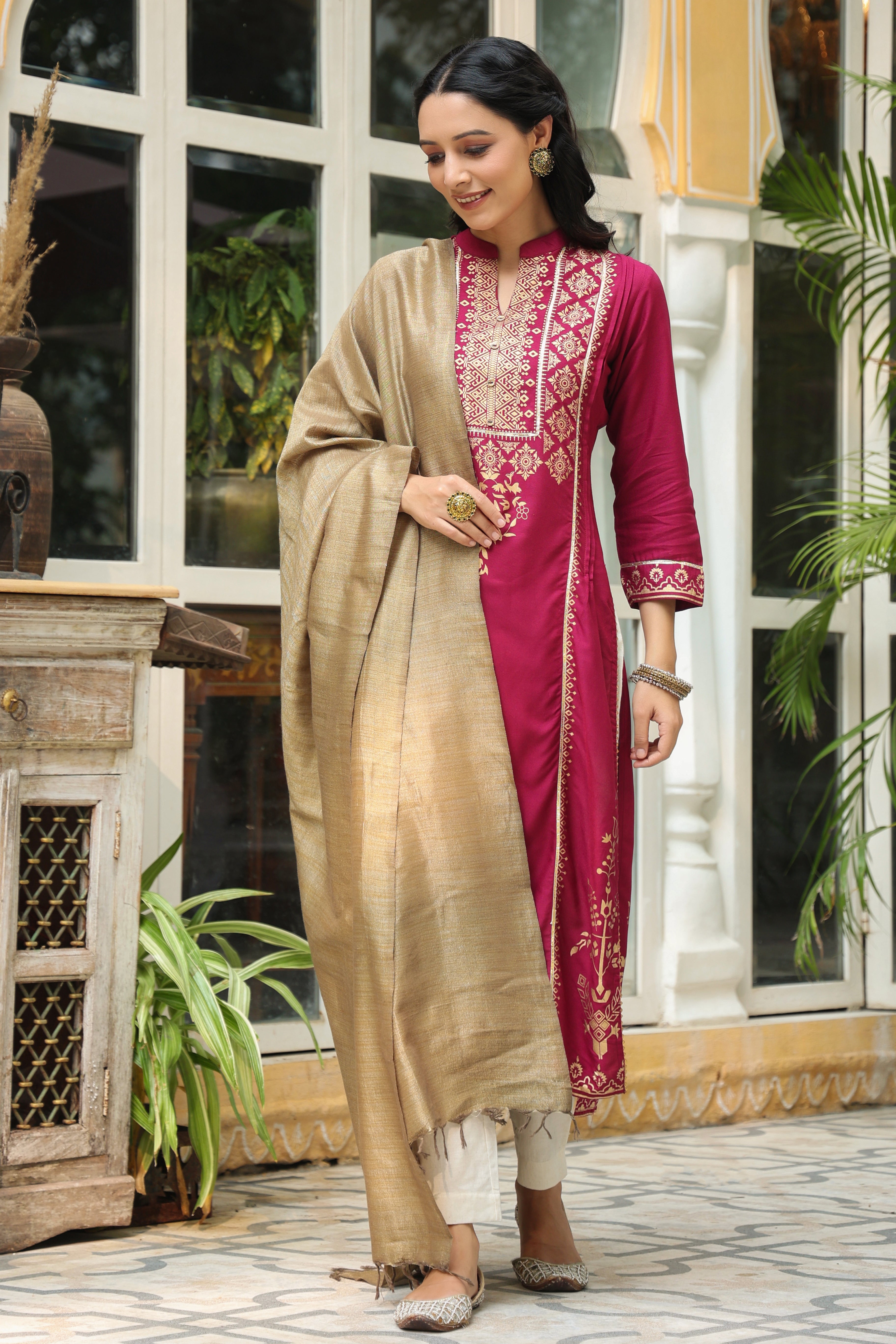 Juniper Wine Ethnic Motif Printed Rayon Straight Kurta & Dupatta Set With Buttons