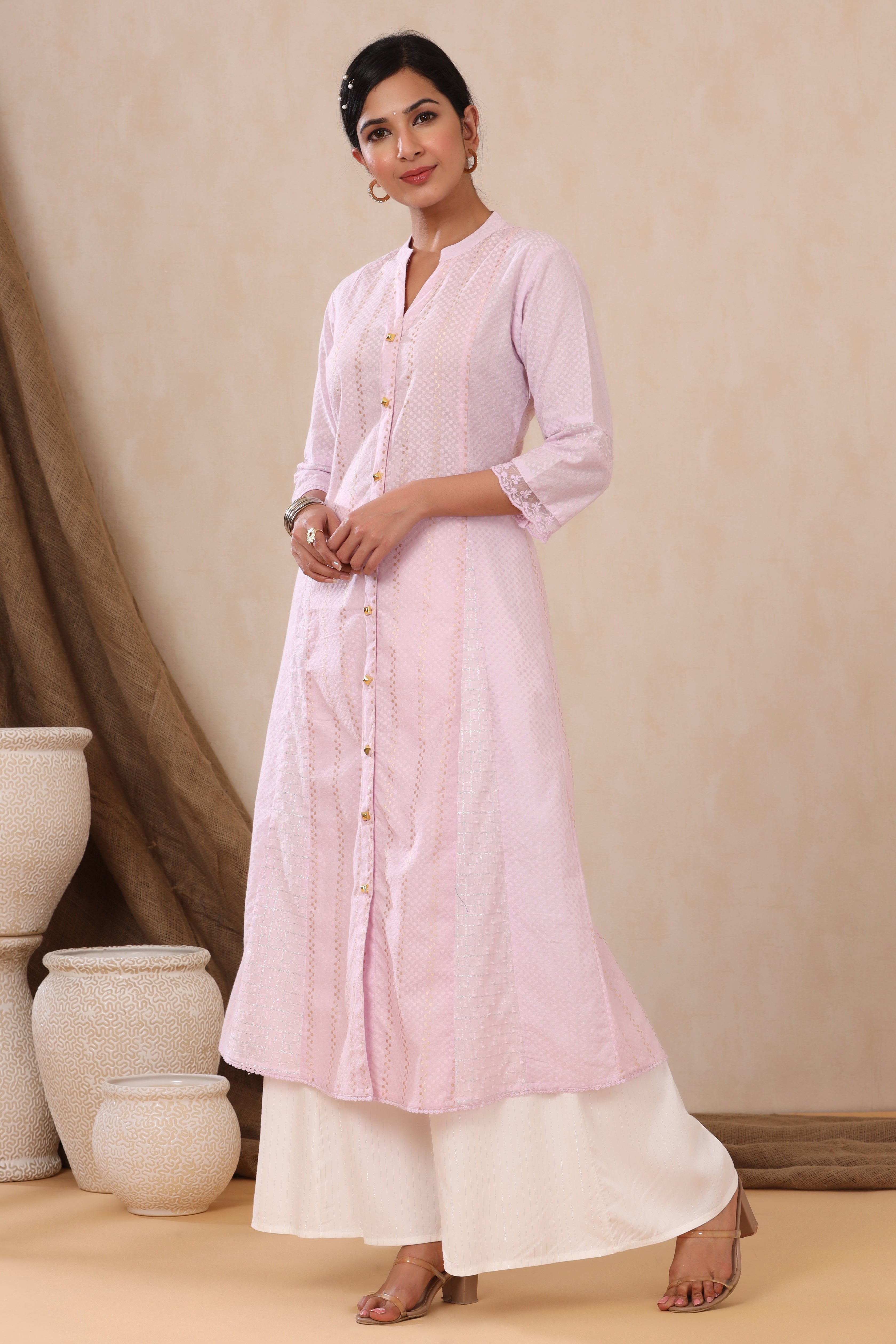 Juniper Purple Cotton Dobby Flared Kurta with buttons