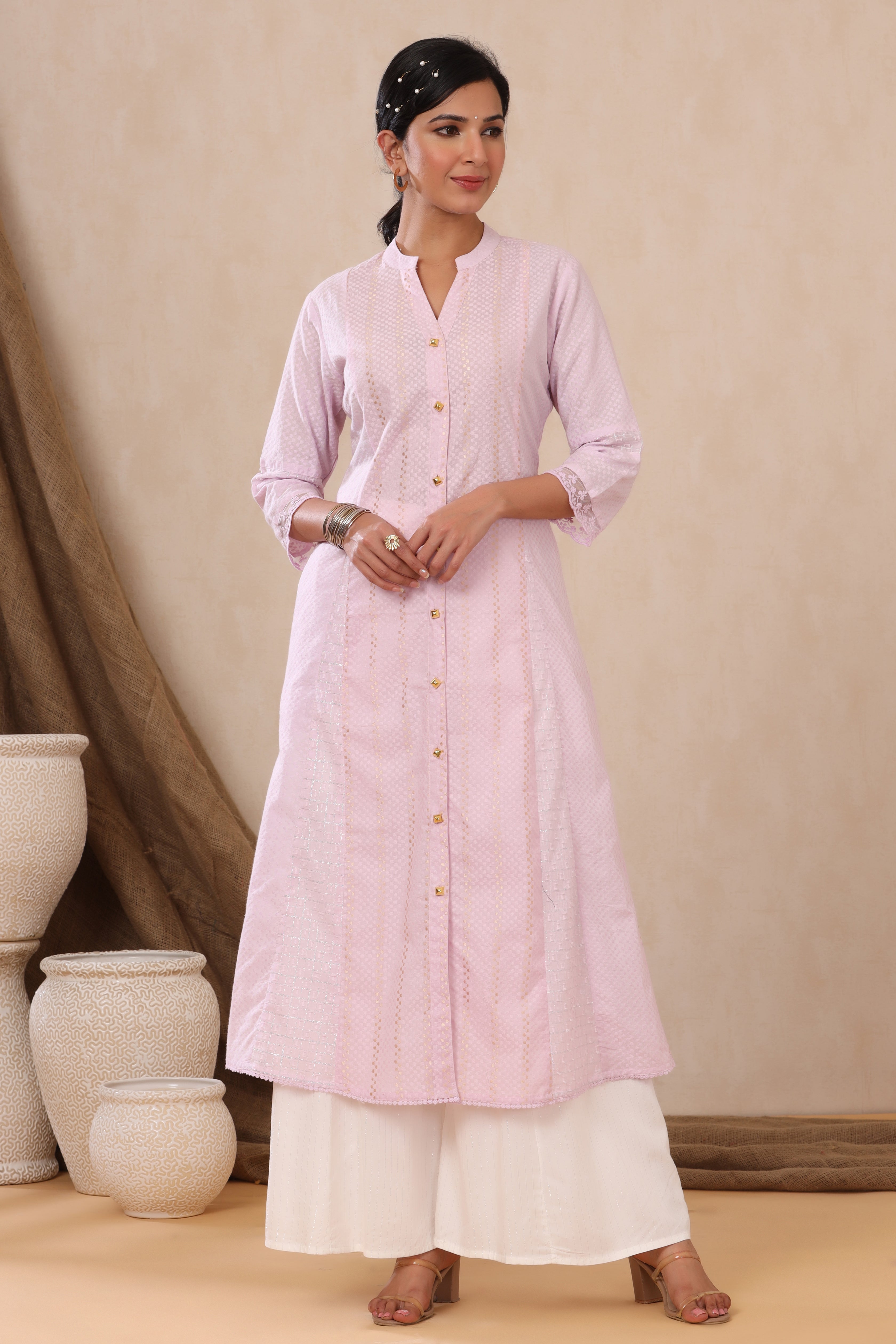 Juniper Purple Cotton Dobby Flared Kurta with buttons