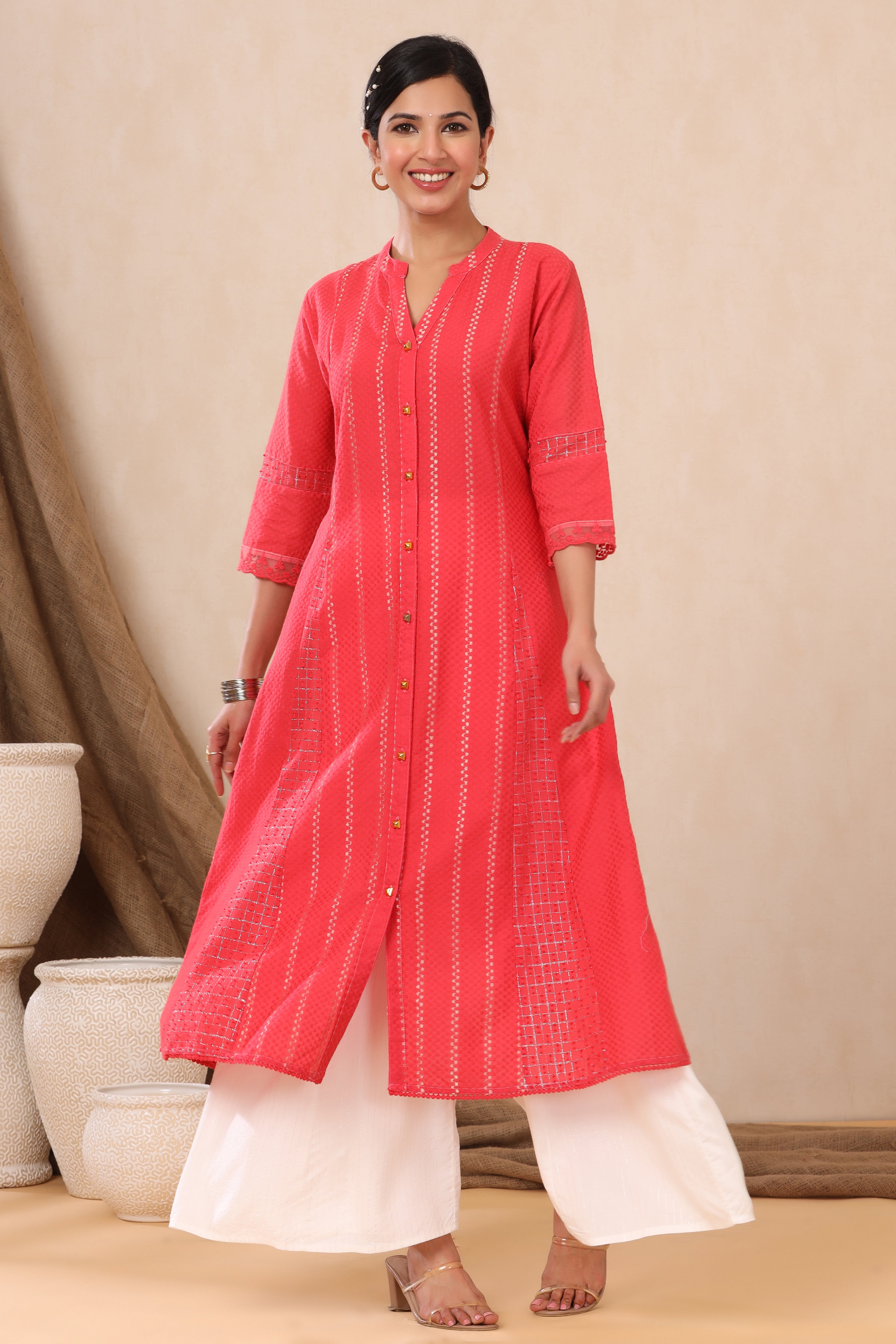Juniper Red Cotton Dobby Printed A-Line Kurta with Mask