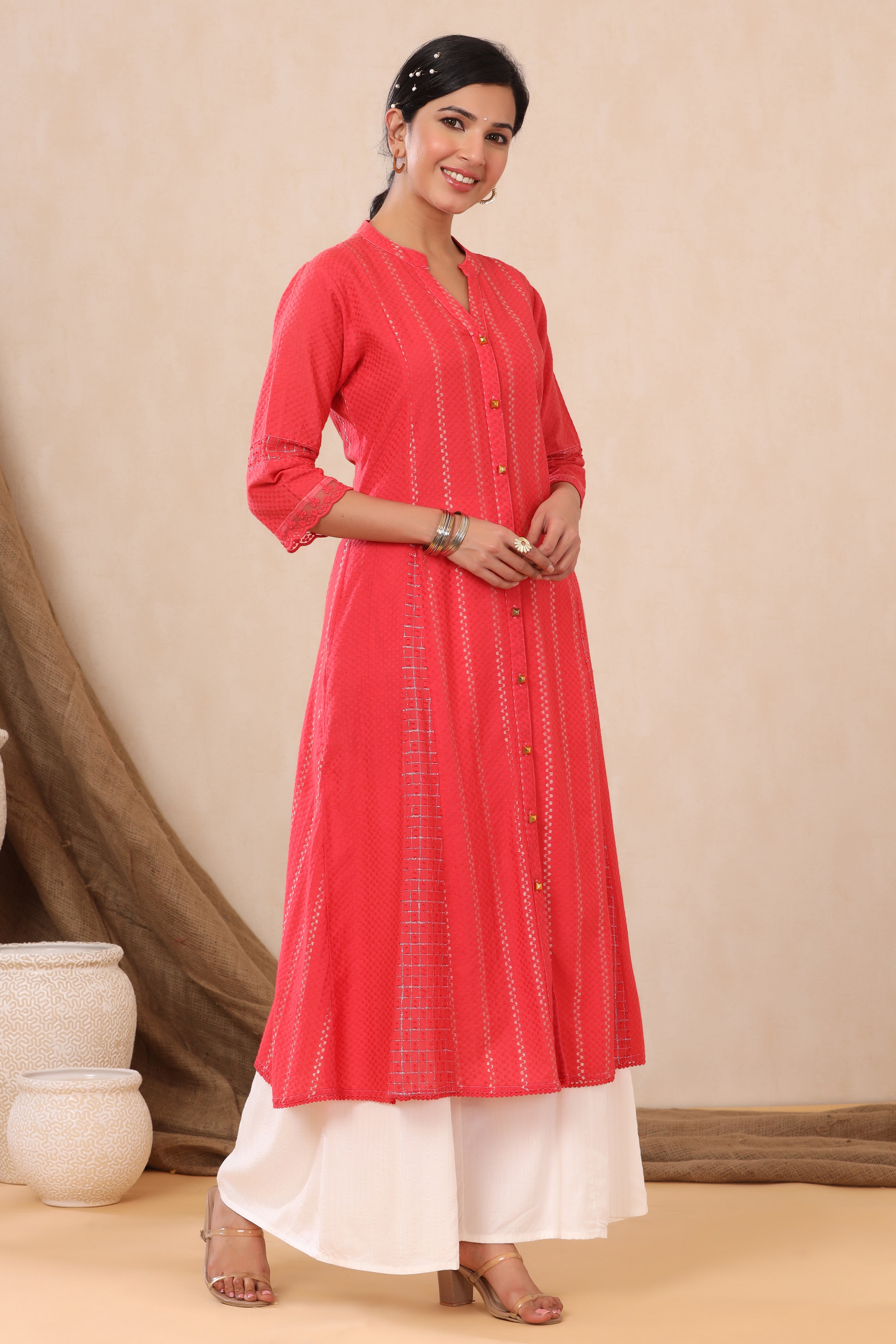 Juniper Red Cotton Dobby Printed A-Line Kurta with Mask