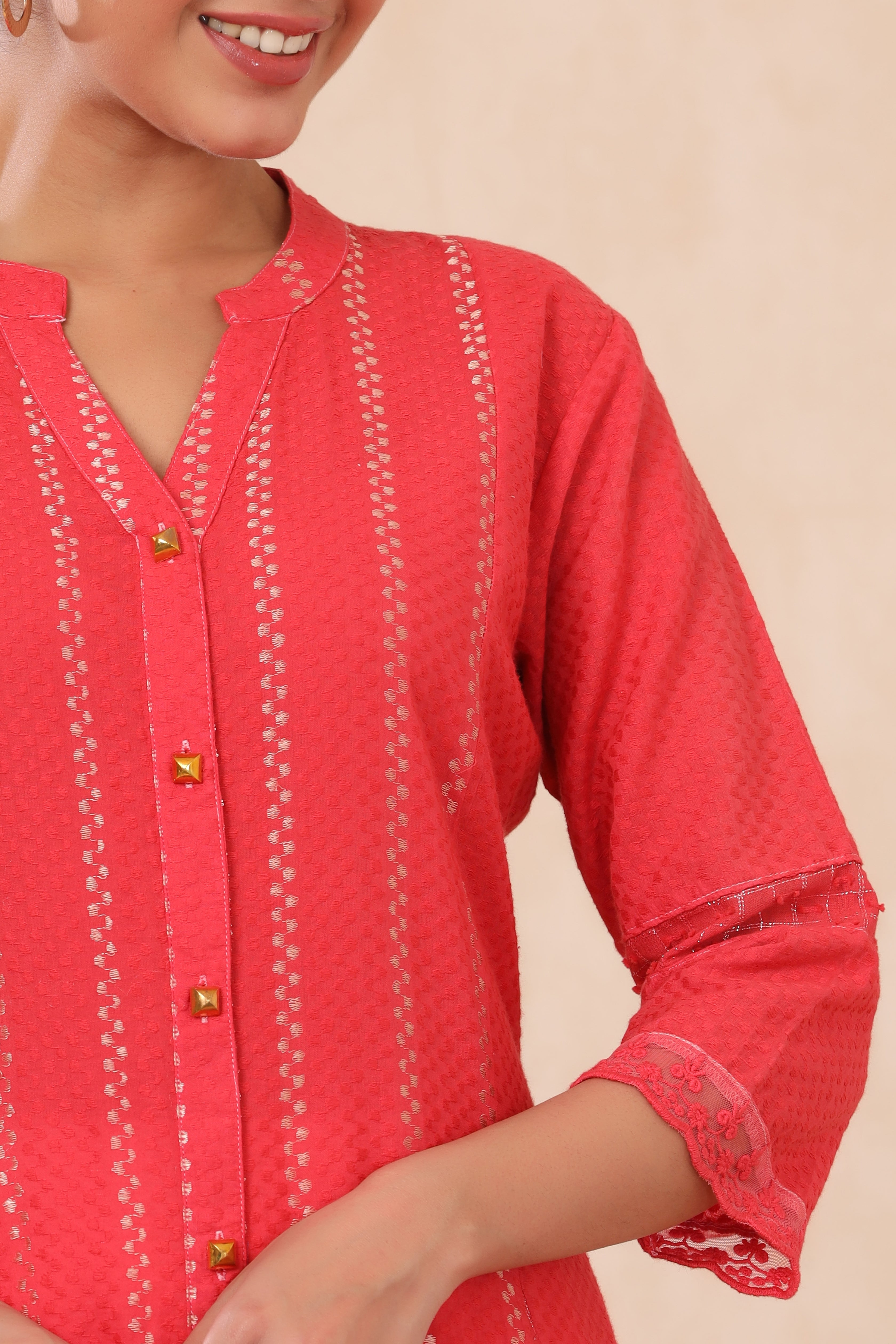 Juniper Red Cotton Dobby Printed A-Line Kurta with Mask