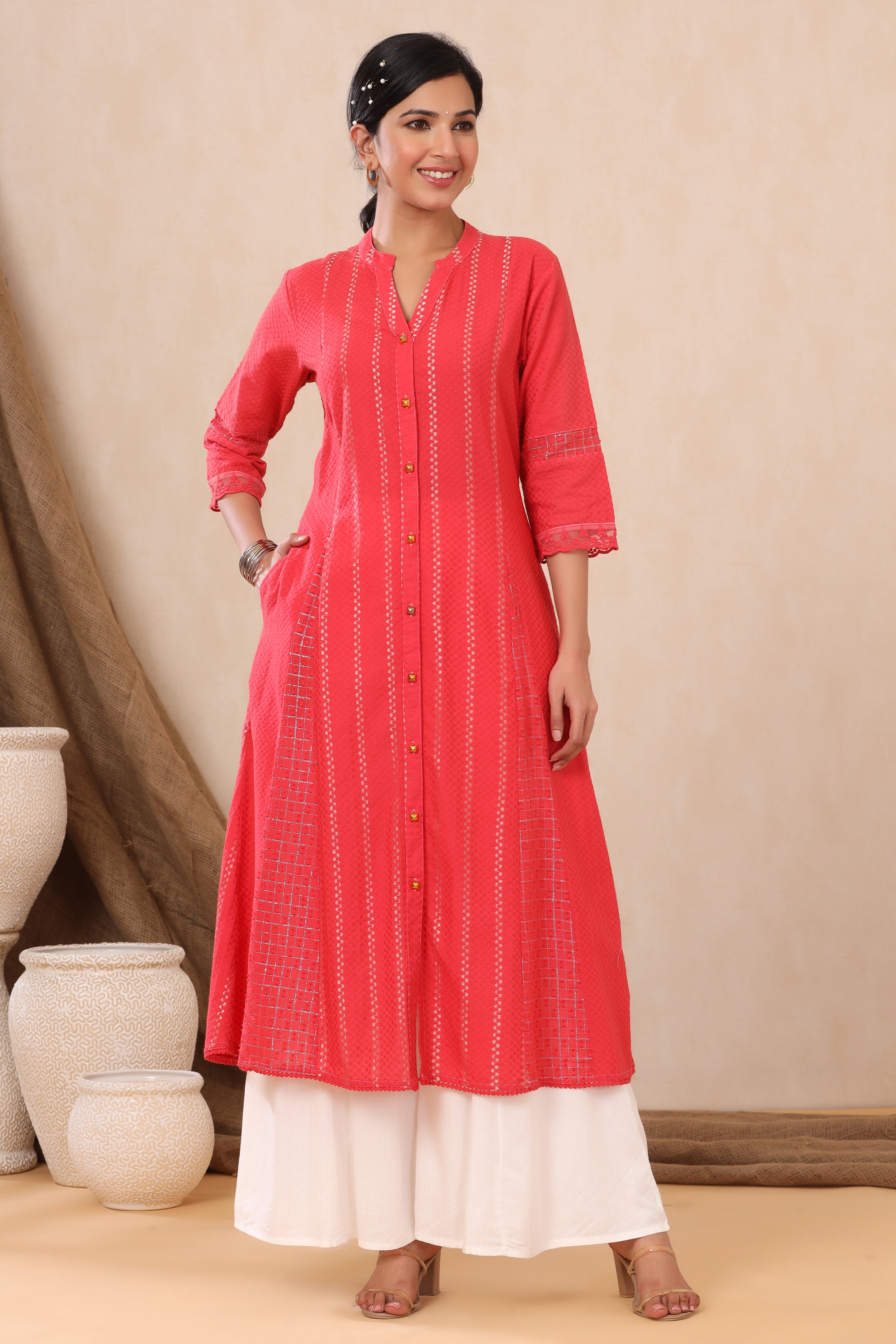 Juniper Red Cotton Dobby Printed A-Line Kurta with Mask