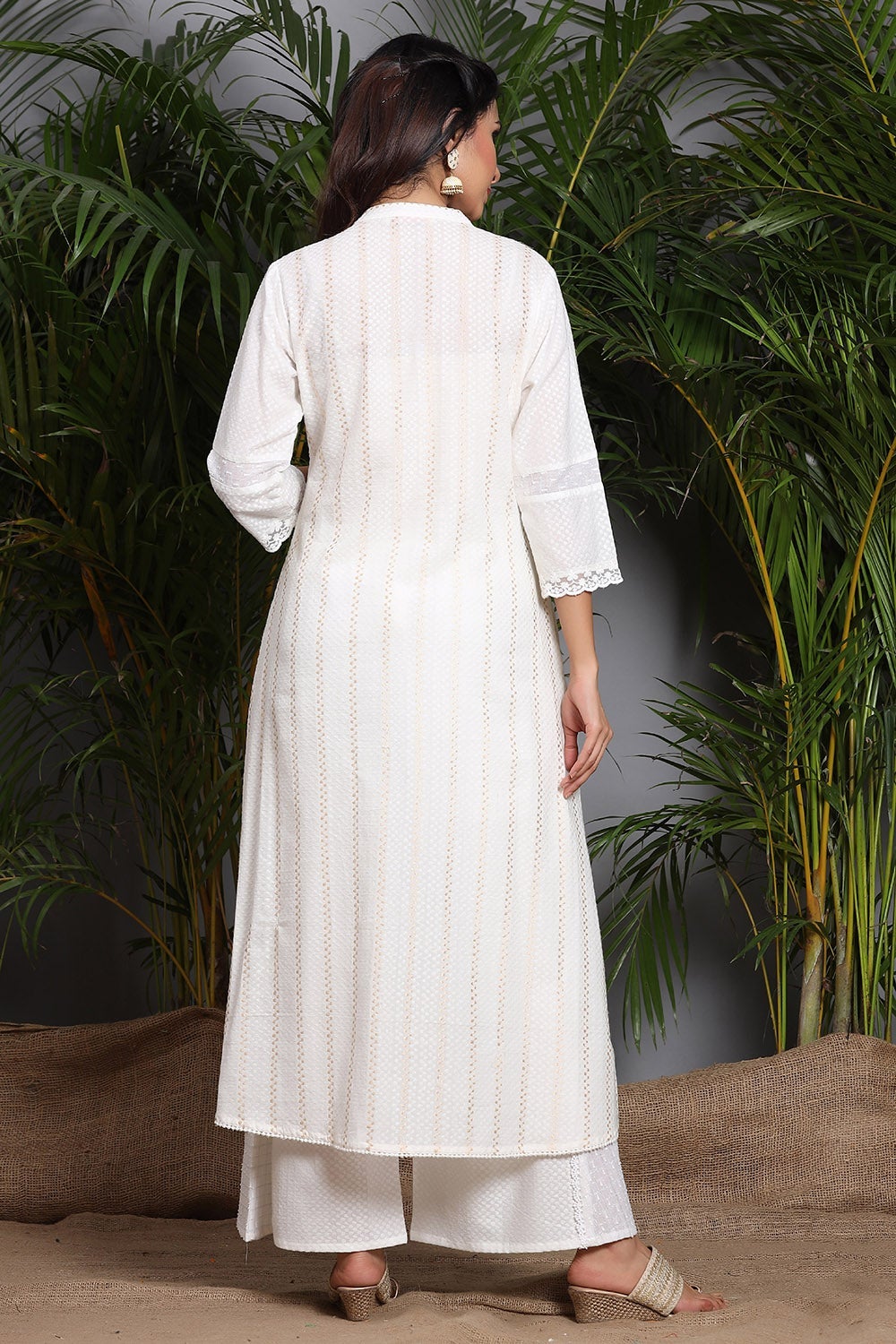 Juniper White Solid Cotton Dobby A-Line Kurta With Buttons