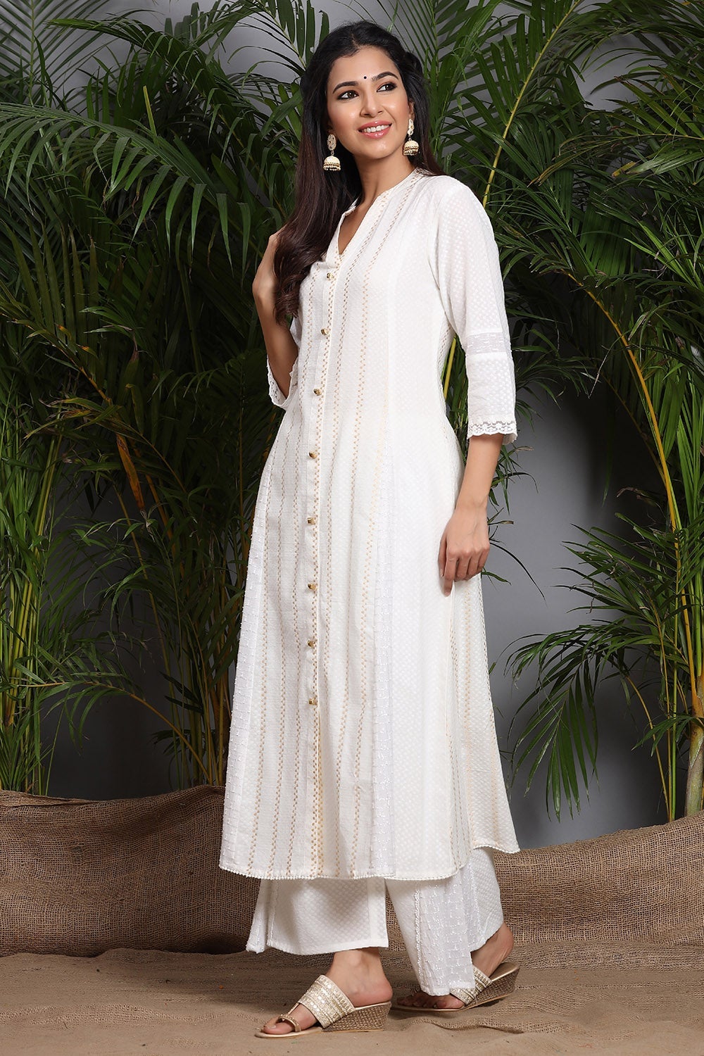 Juniper White Solid Cotton Dobby A-Line Kurta With Buttons