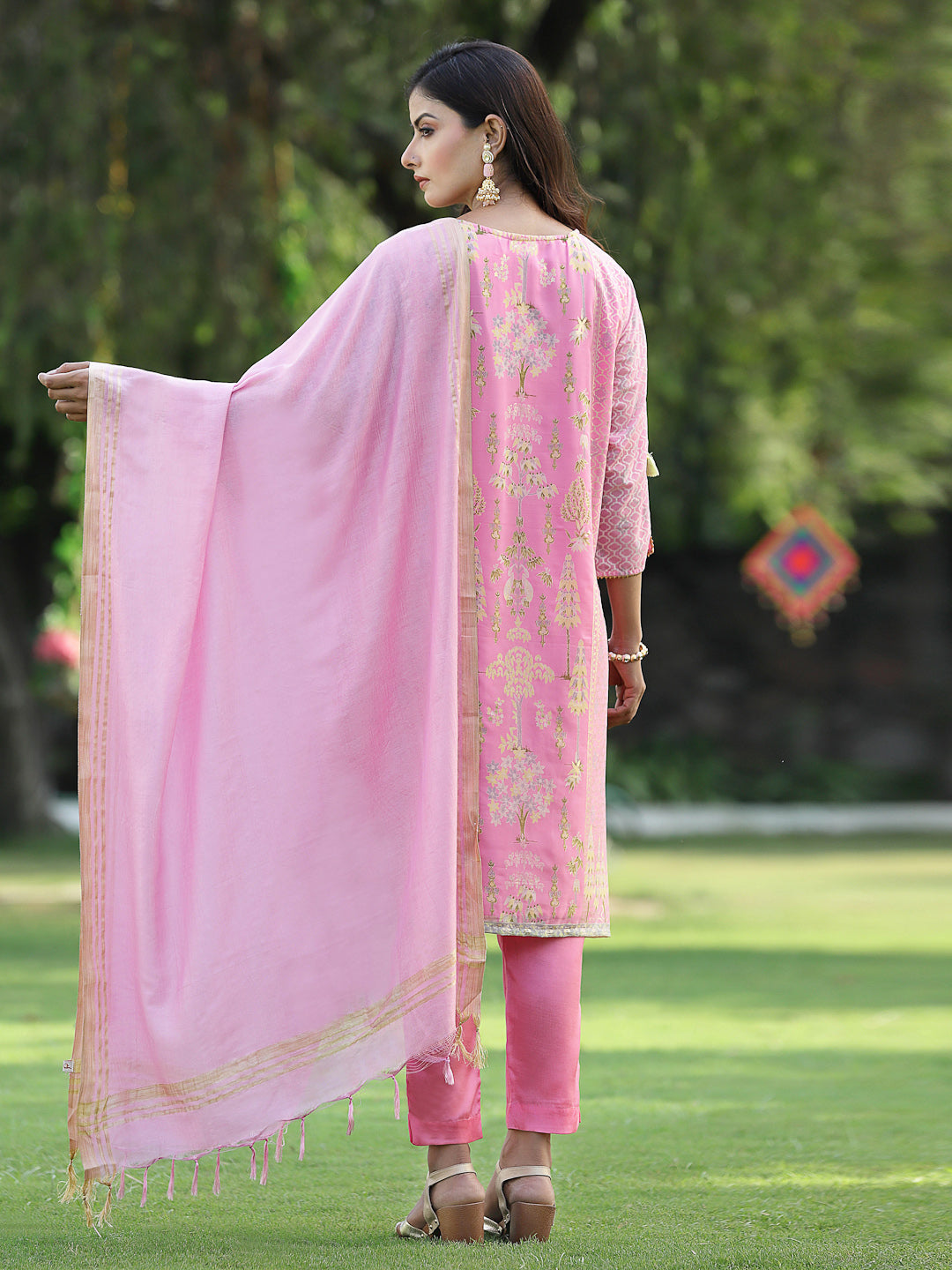 Juniper Pink Ethnic Motif Printed Georgette Kurta Pants & Dupatta Set With Tassels & Lace