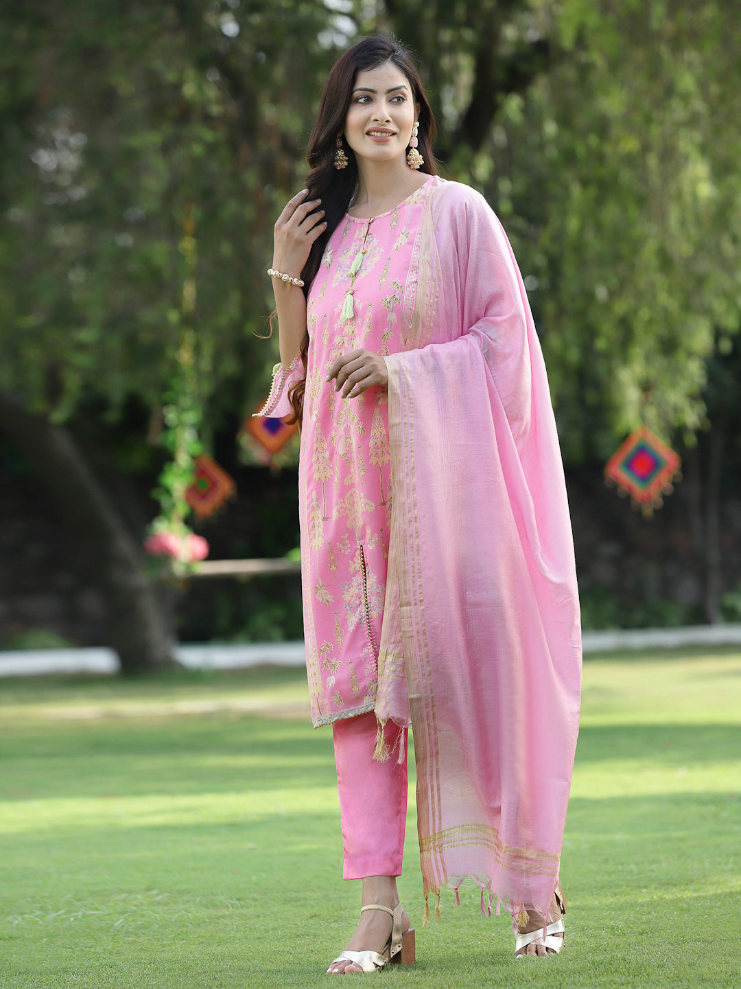 Juniper Pink Ethnic Motif Printed Georgette Kurta Pants & Dupatta Set With Tassels & Lace