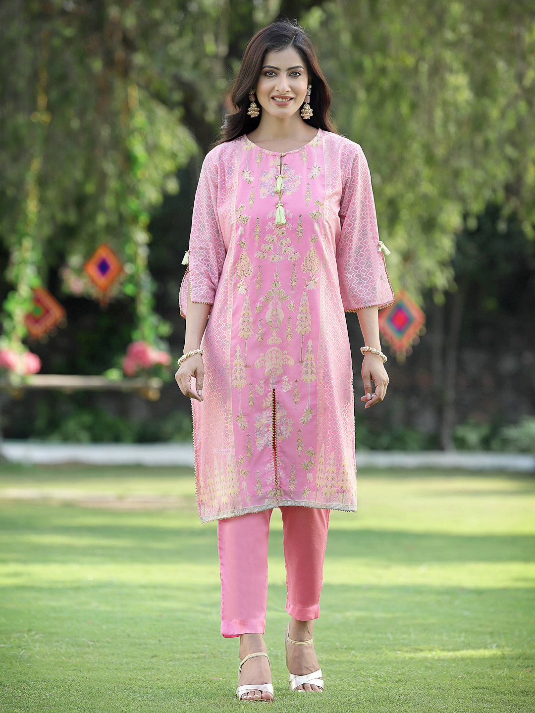 Juniper Pink Ethnic Motif Printed Georgette Kurta Pants & Dupatta Set With Tassels & Lace