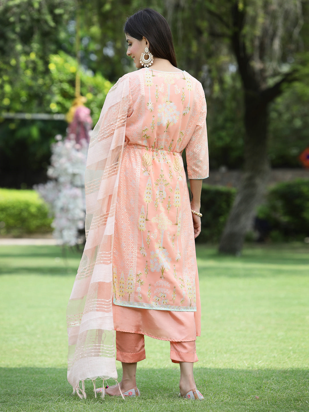 Juniper Orange Ethnic Motif Printed Georgette Kurta Pants & Dupatta Set With Tassels & Lace