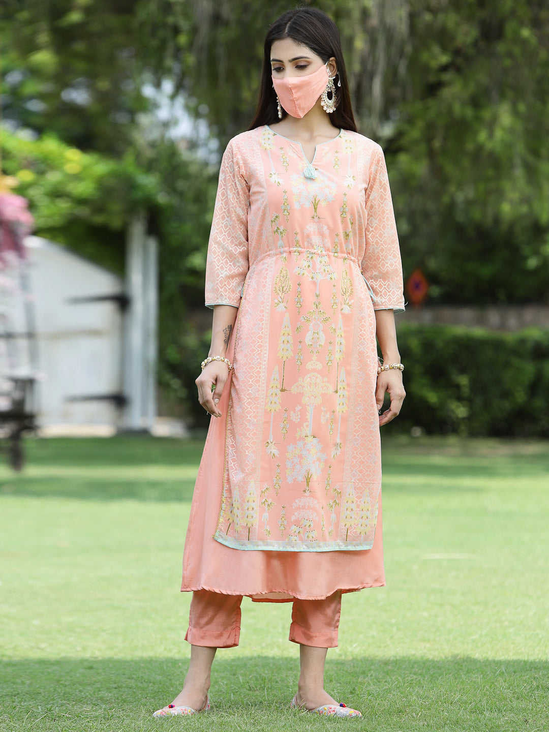 Juniper Orange Ethnic Motif Printed Georgette Kurta Pants & Dupatta Set With Tassels & Lace