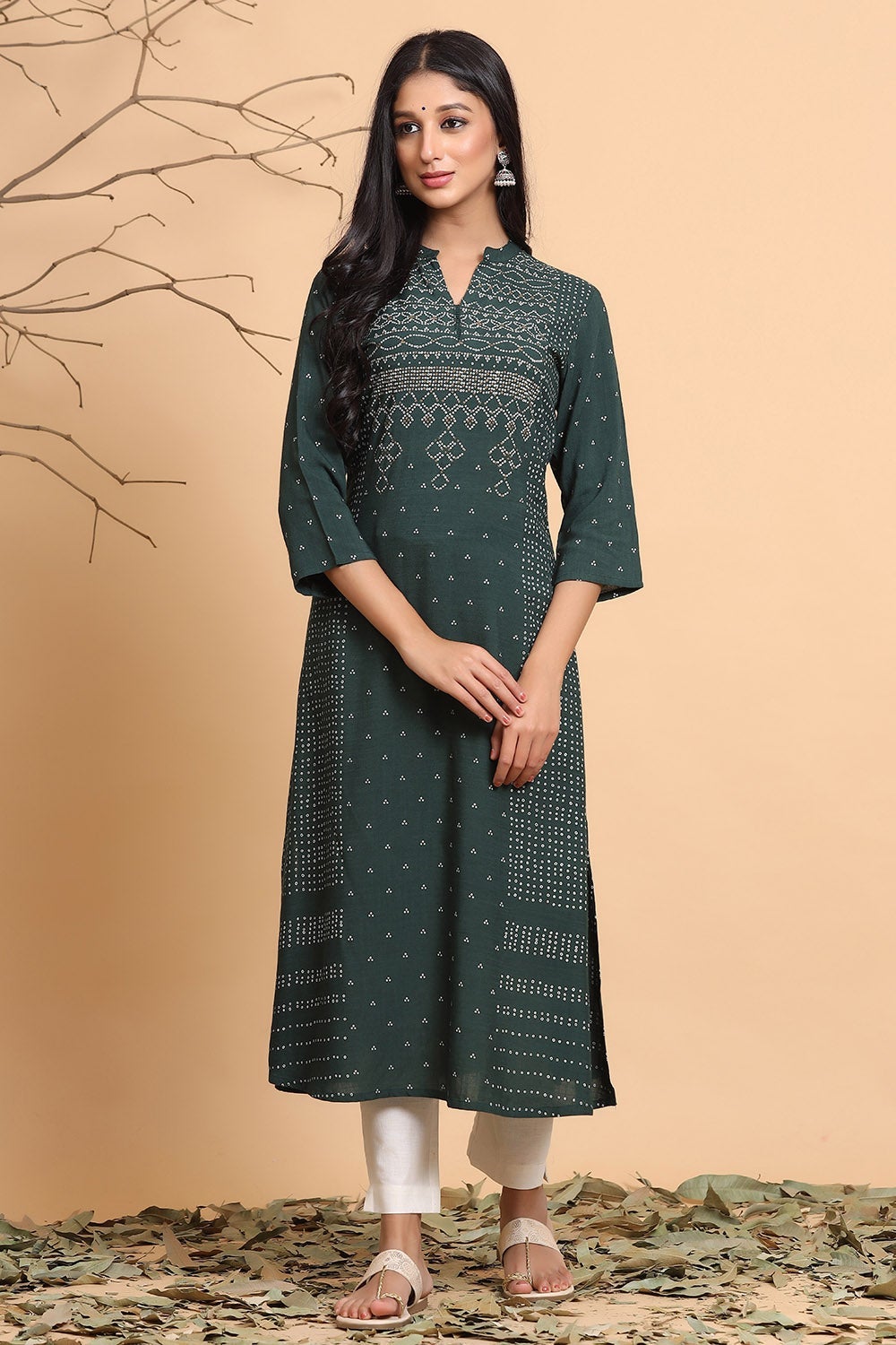 Juniper Jade Green Bandhani Printed Rayon Slub A-Line Kurta.