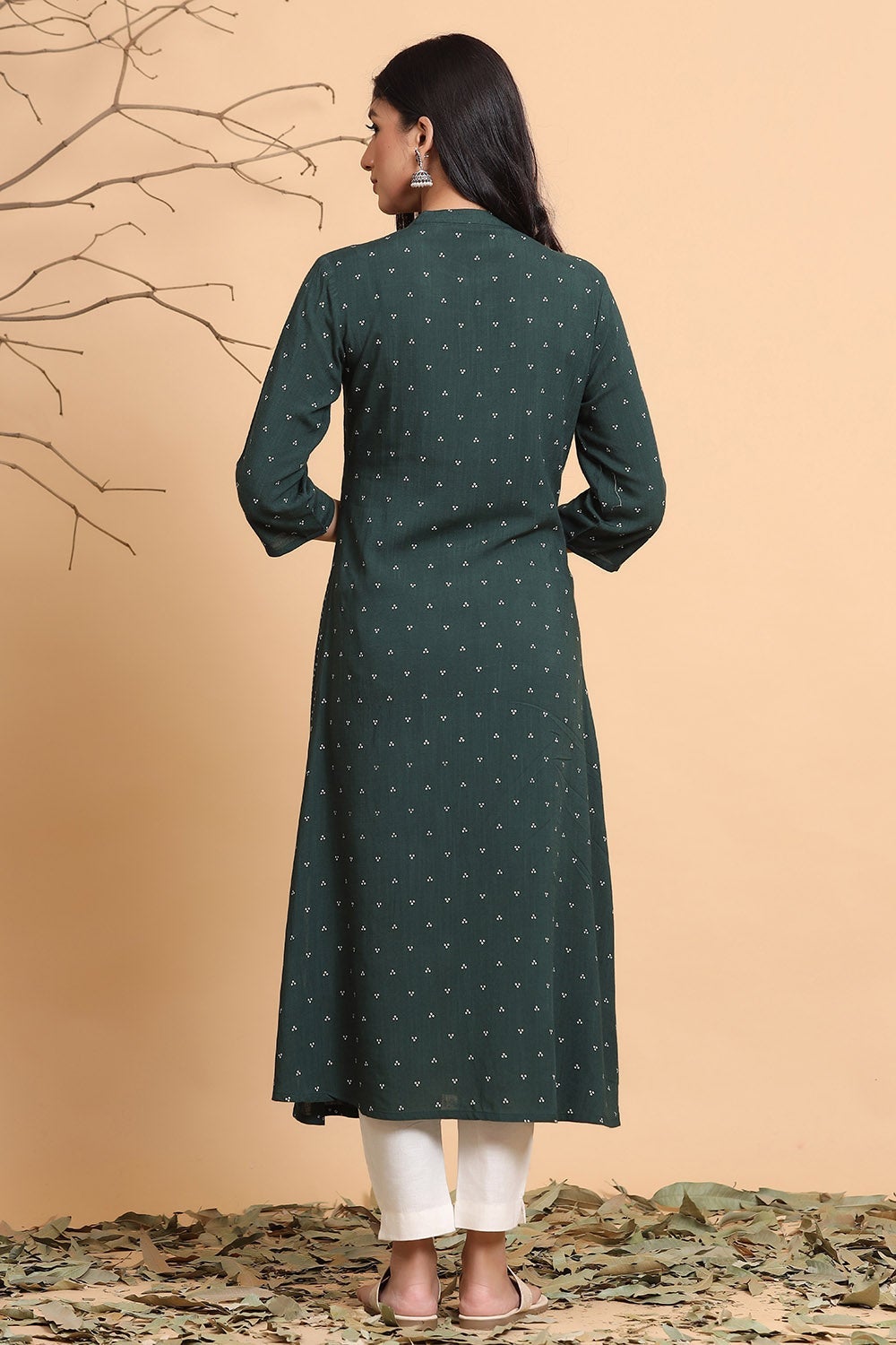 Juniper Jade Green Bandhani Printed Rayon Slub A-Line Kurta.