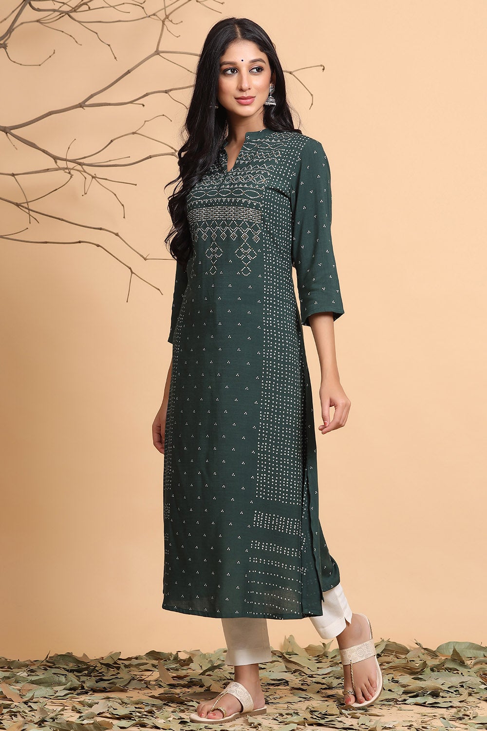Juniper Jade Green Bandhani Printed Rayon Slub A-Line Kurta.