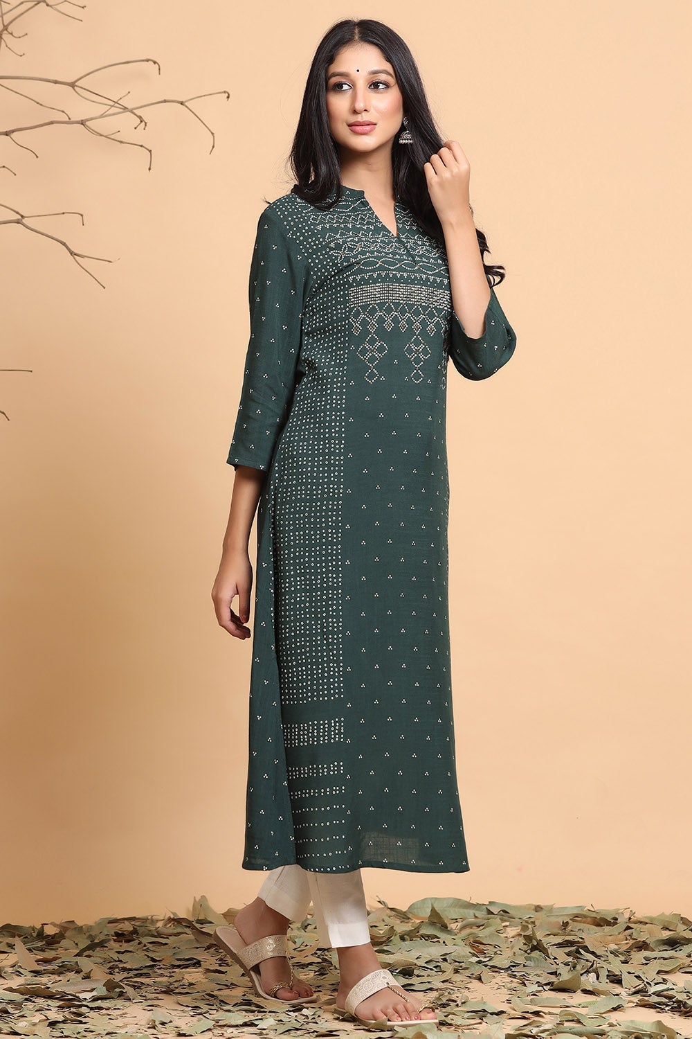 Juniper Jade Green Bandhani Printed Rayon Slub A-Line Kurta.