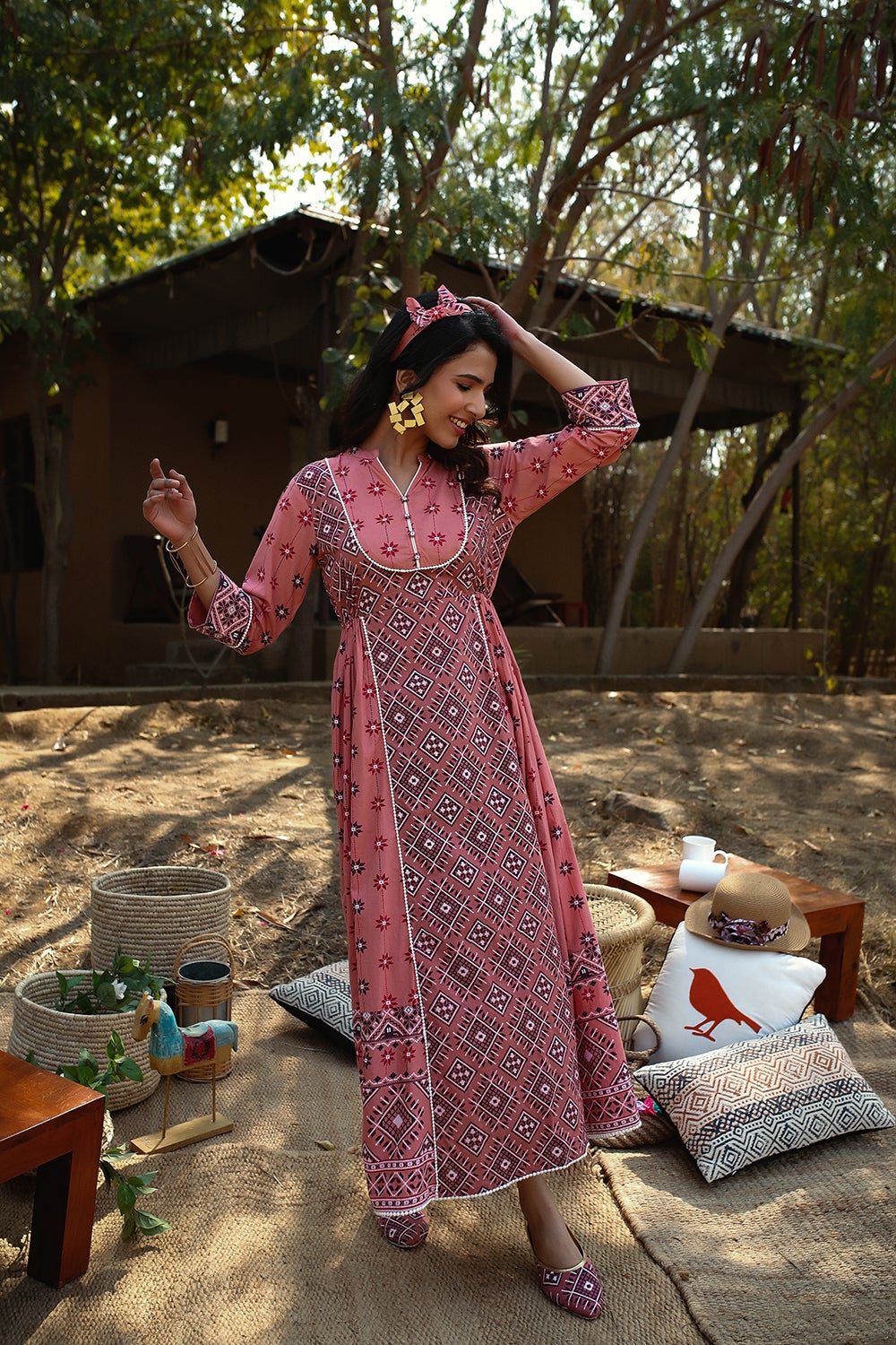 Juniper Peach Geometric Printed Pure Cotton Maxi Dress With Lace Work