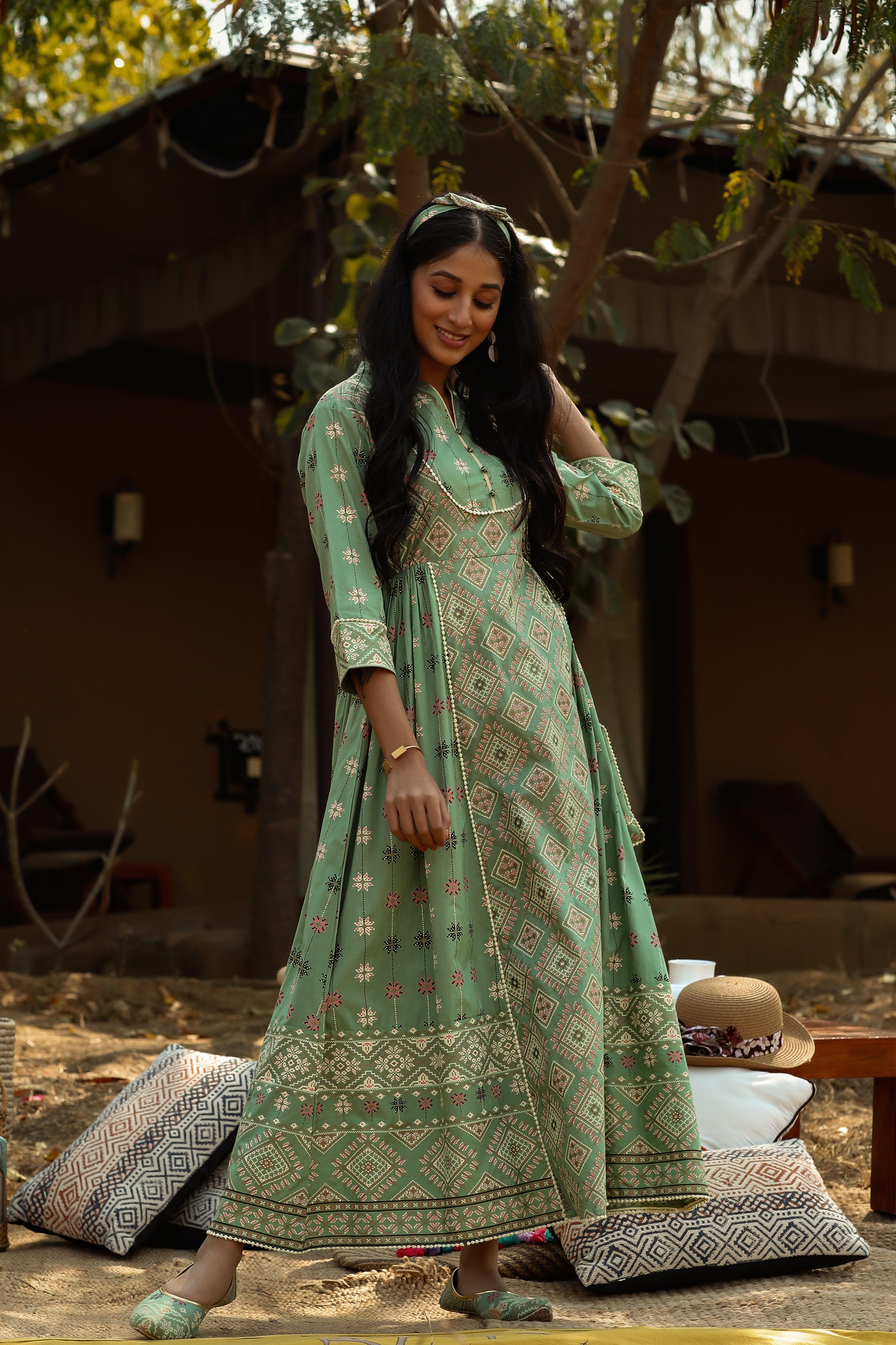 Juniper Women's Pista Green Cotton Cambric Printed Maxi Dress