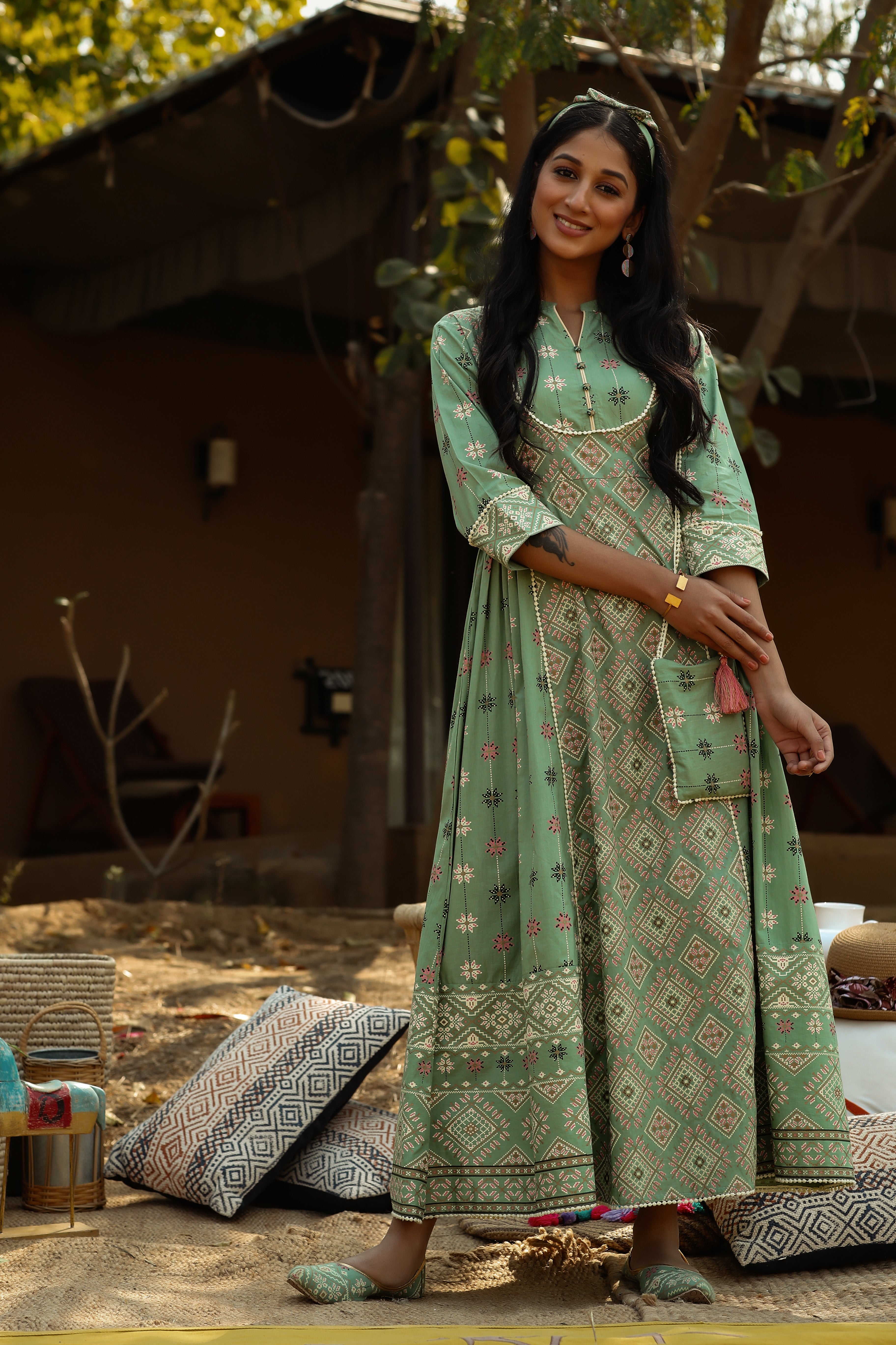 Juniper Women's Pista Green Cotton Cambric Printed Maxi Dress