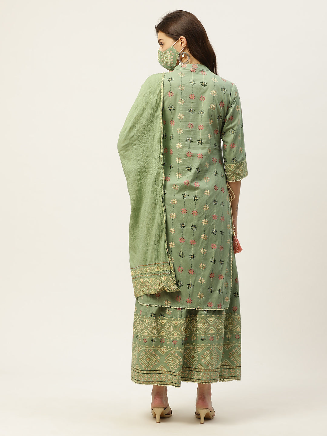 Juniper Pista Green Geometric Printed Pure Cotton Kurta Palazzo & Cotton Voile Dupatta