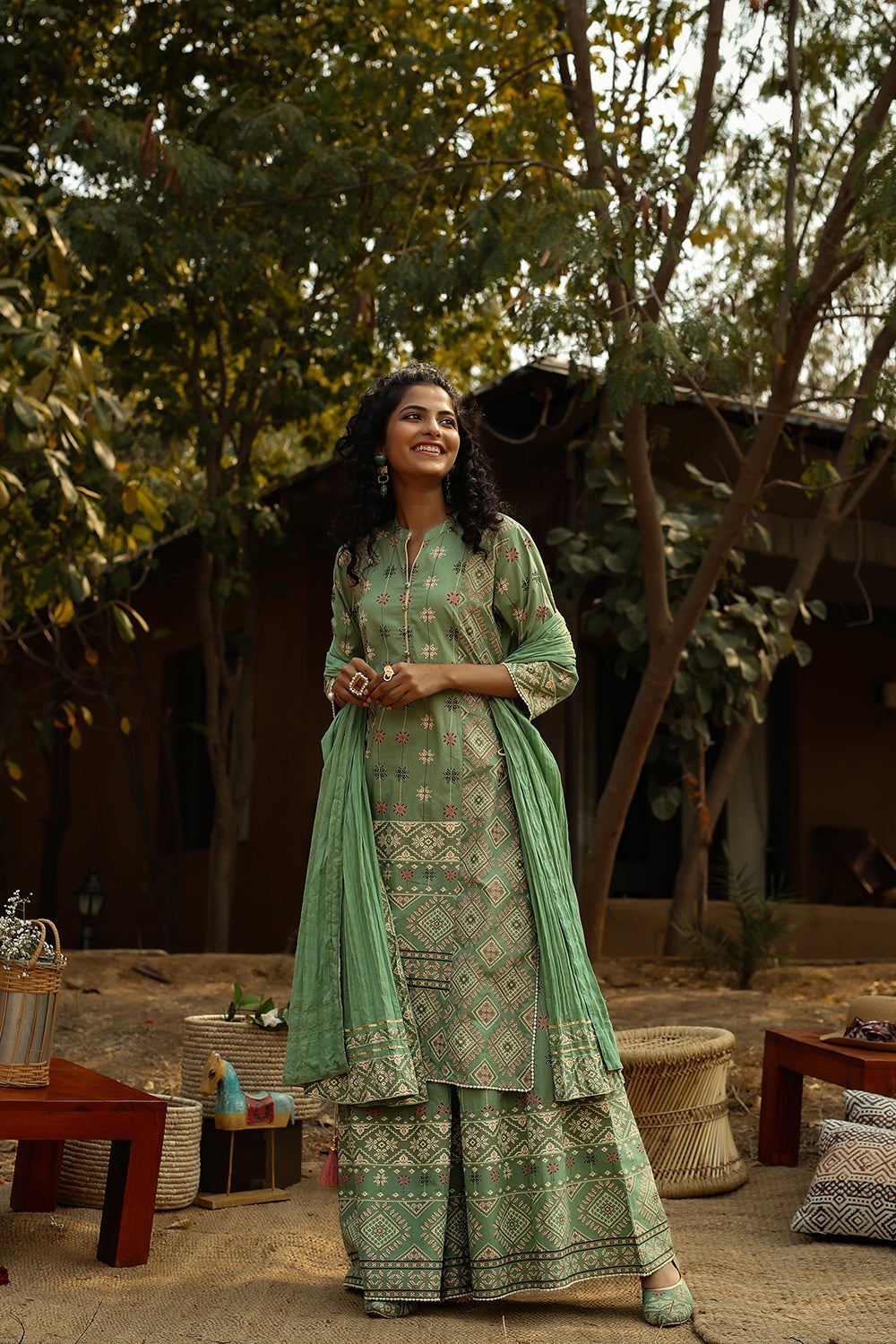 Juniper Pista Green Geometric Printed Pure Cotton Kurta Palazzo & Cotton Voile Dupatta