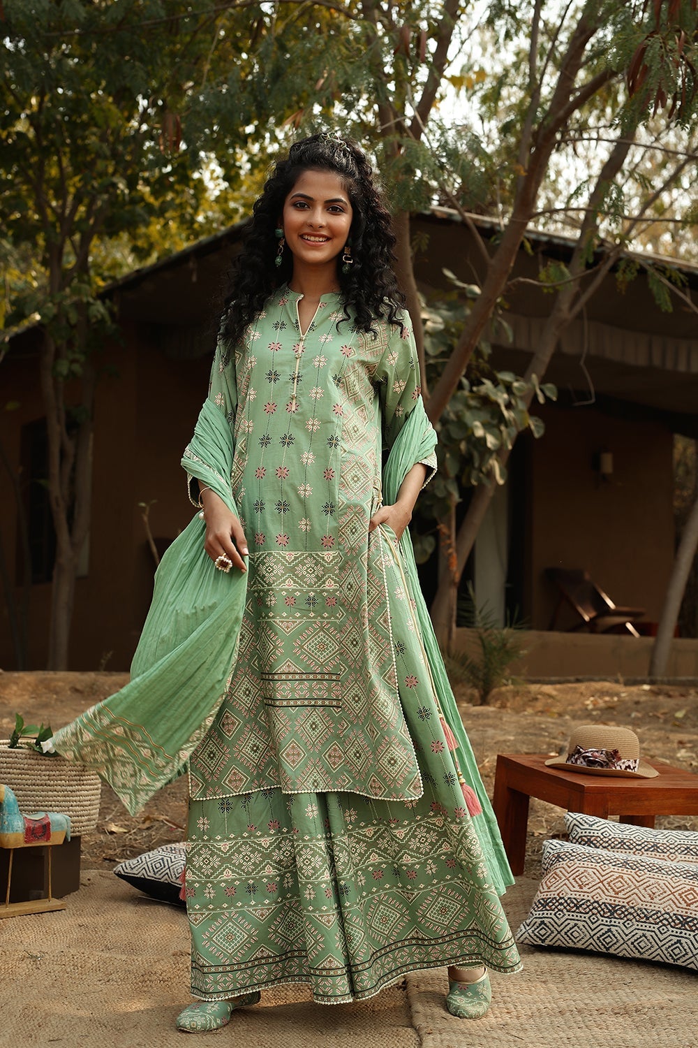 Juniper Pista Green Geometric Printed Pure Cotton Kurta Palazzo & Cotton Voile Dupatta