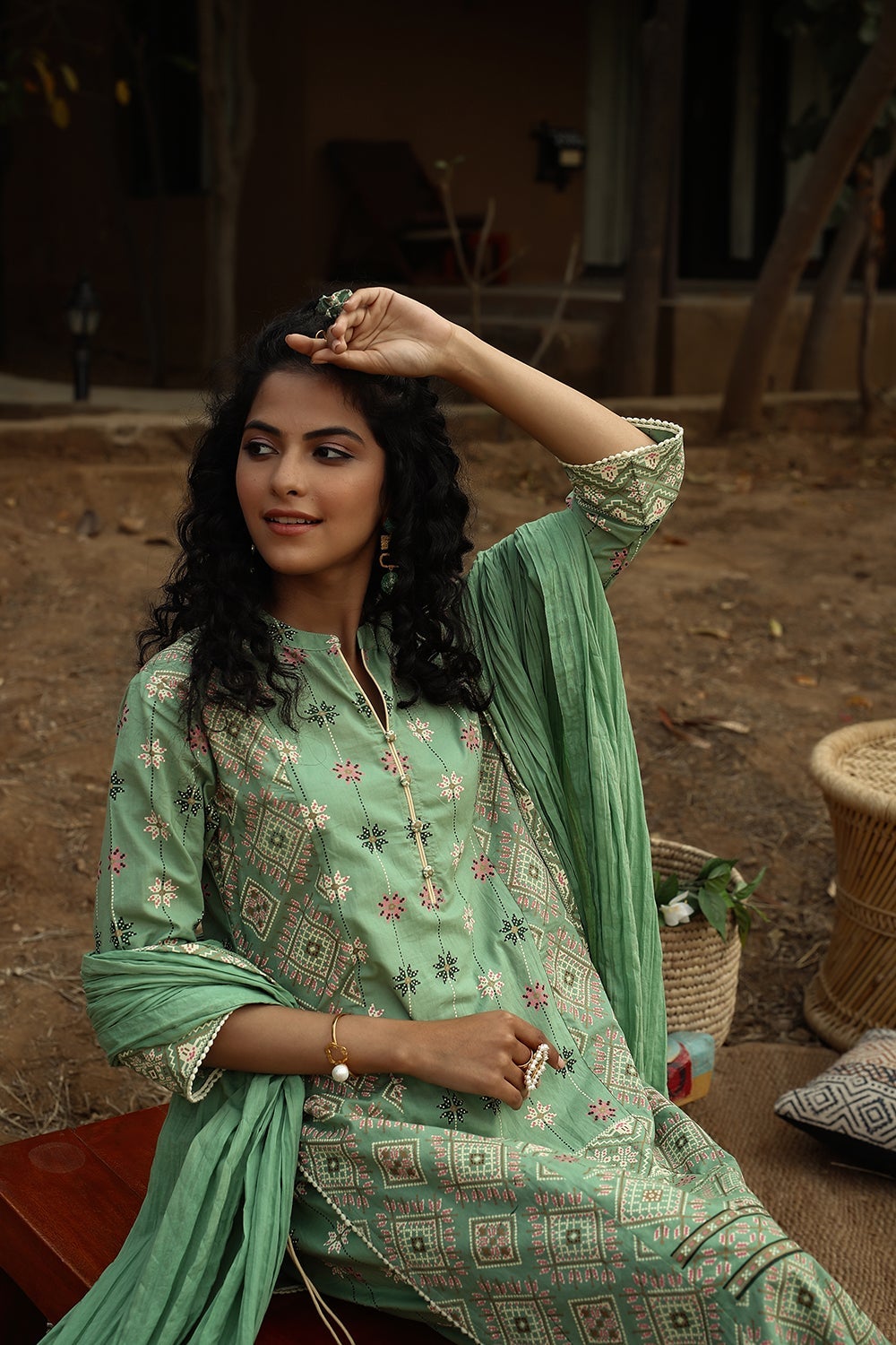 Juniper Pista Green Geometric Printed Pure Cotton Kurta Palazzo & Cotton Voile Dupatta