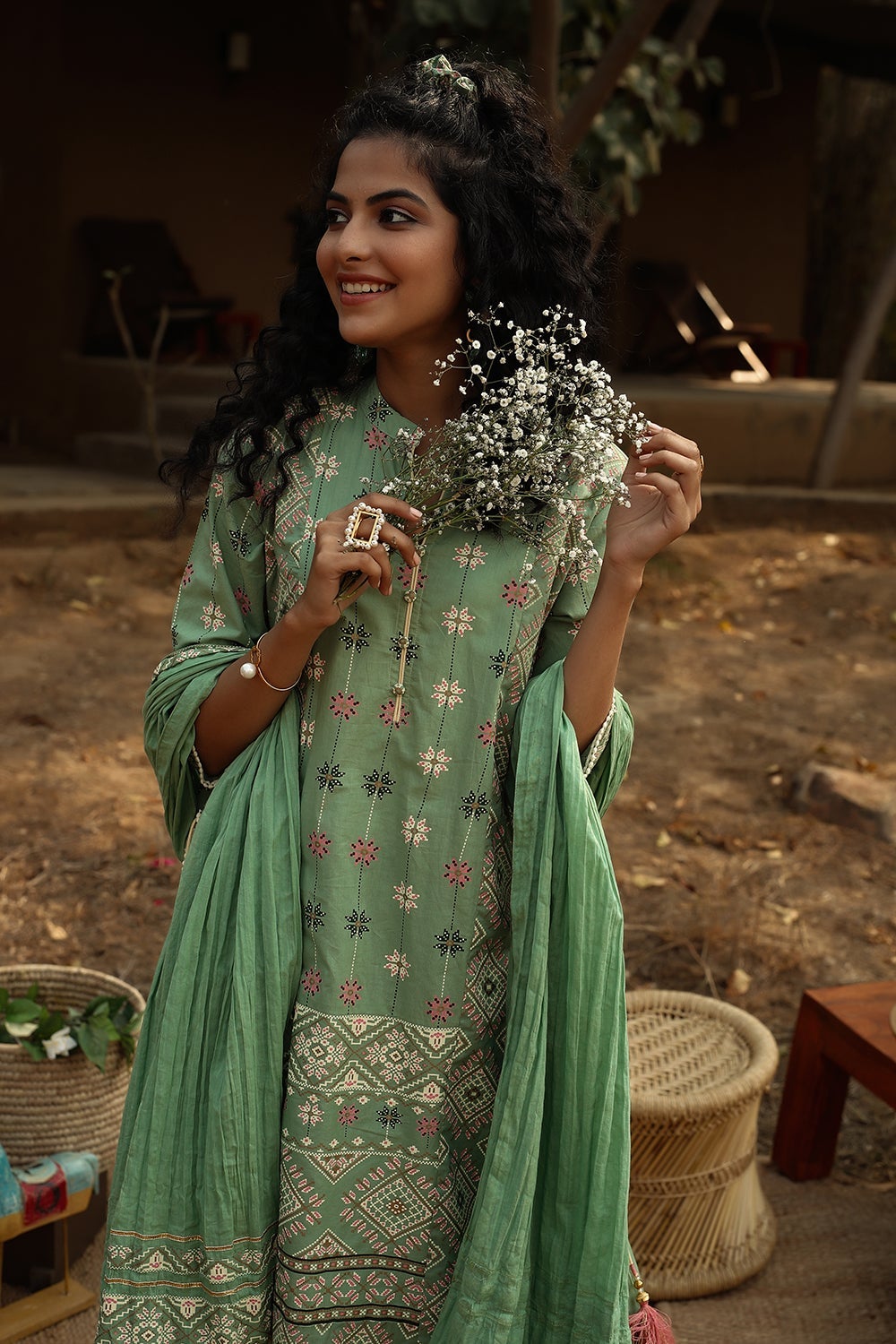 Juniper Pista Green Geometric Printed Pure Cotton Kurta Palazzo & Cotton Voile Dupatta