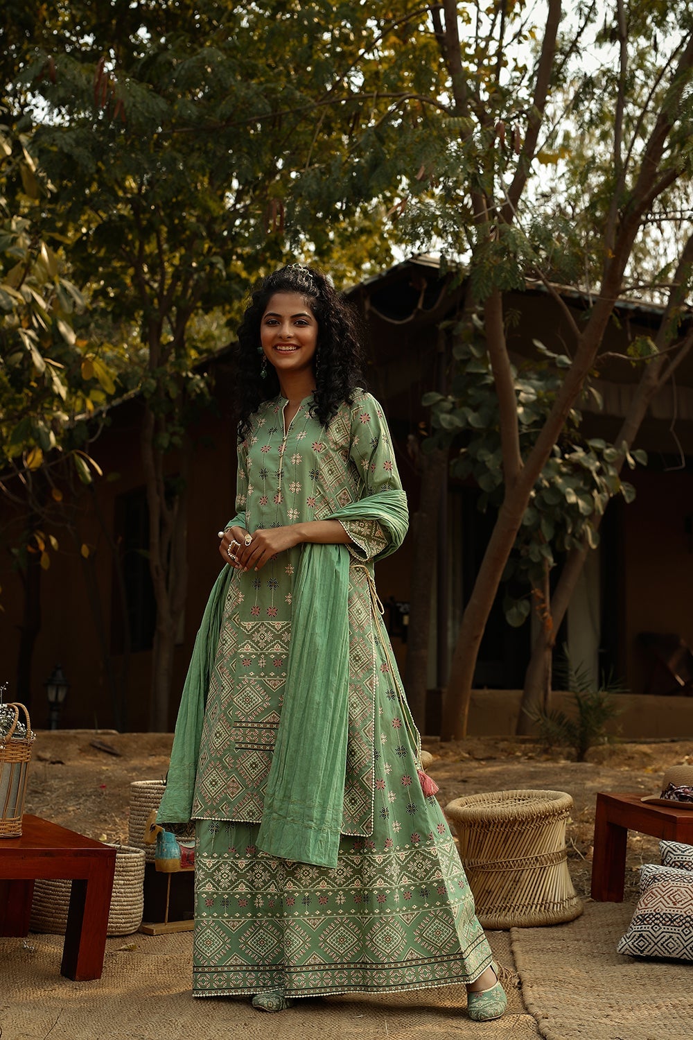 Juniper Pista Green Geometric Printed Pure Cotton Kurta Palazzo & Cotton Voile Dupatta