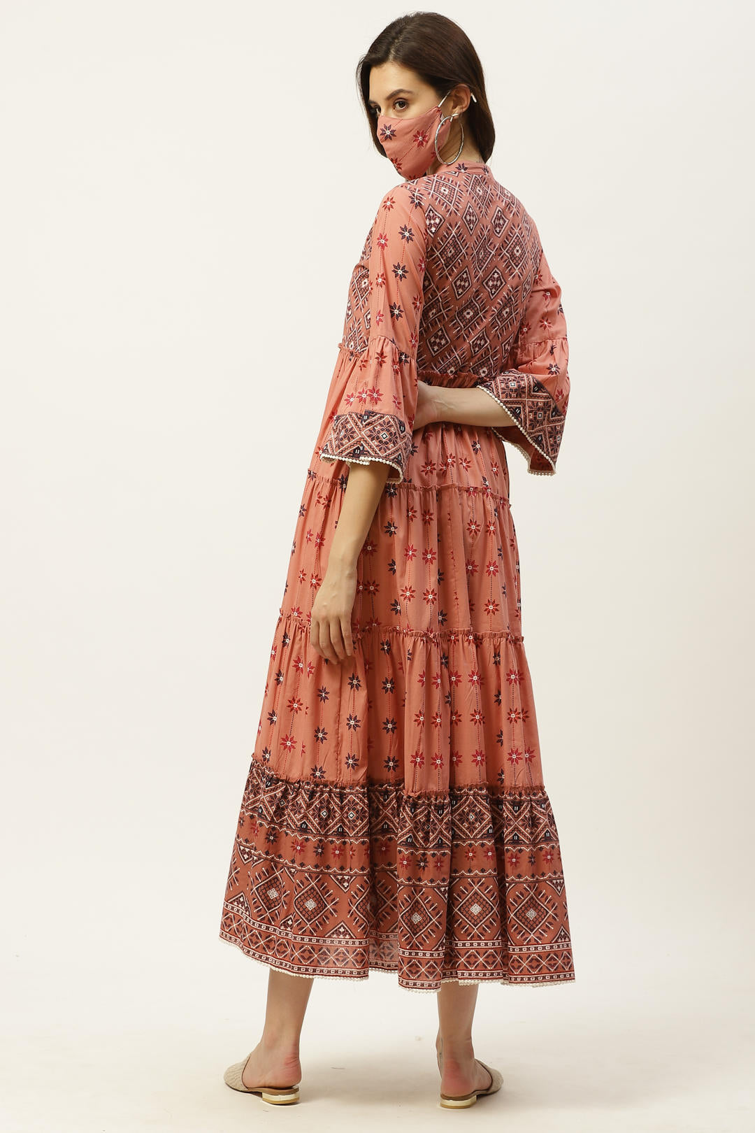 Juniper Peach Geometric Printed Pure Cotton Tiered Maxi Dress.