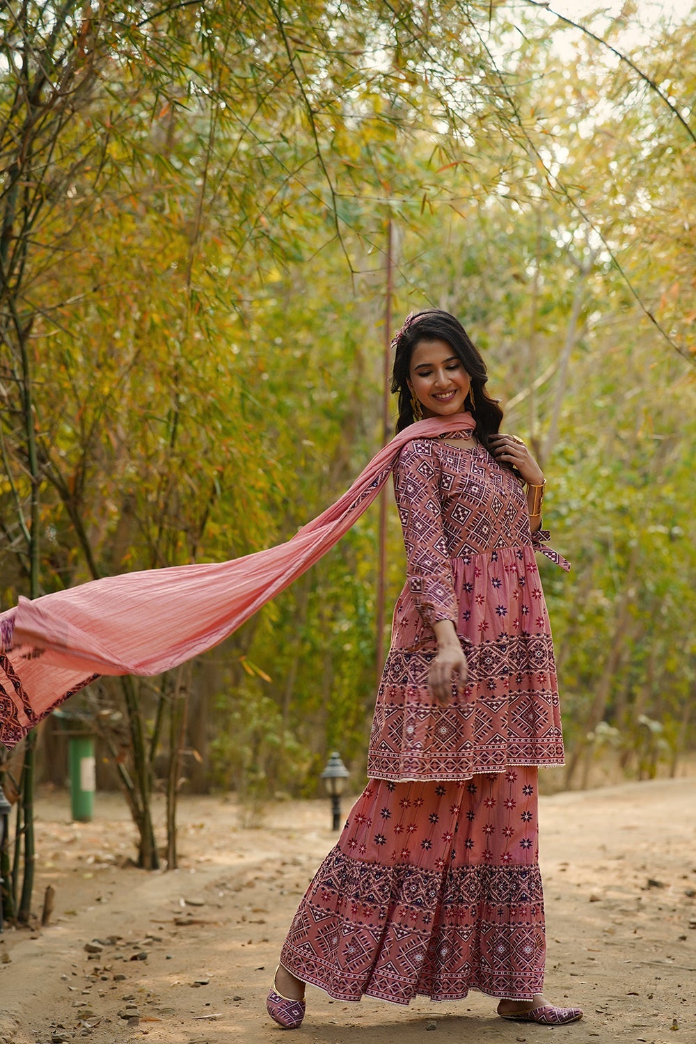Juniper Peach Geometric Printed Pure Cotton Kurta Palazzo & Dupatta With Lace Work