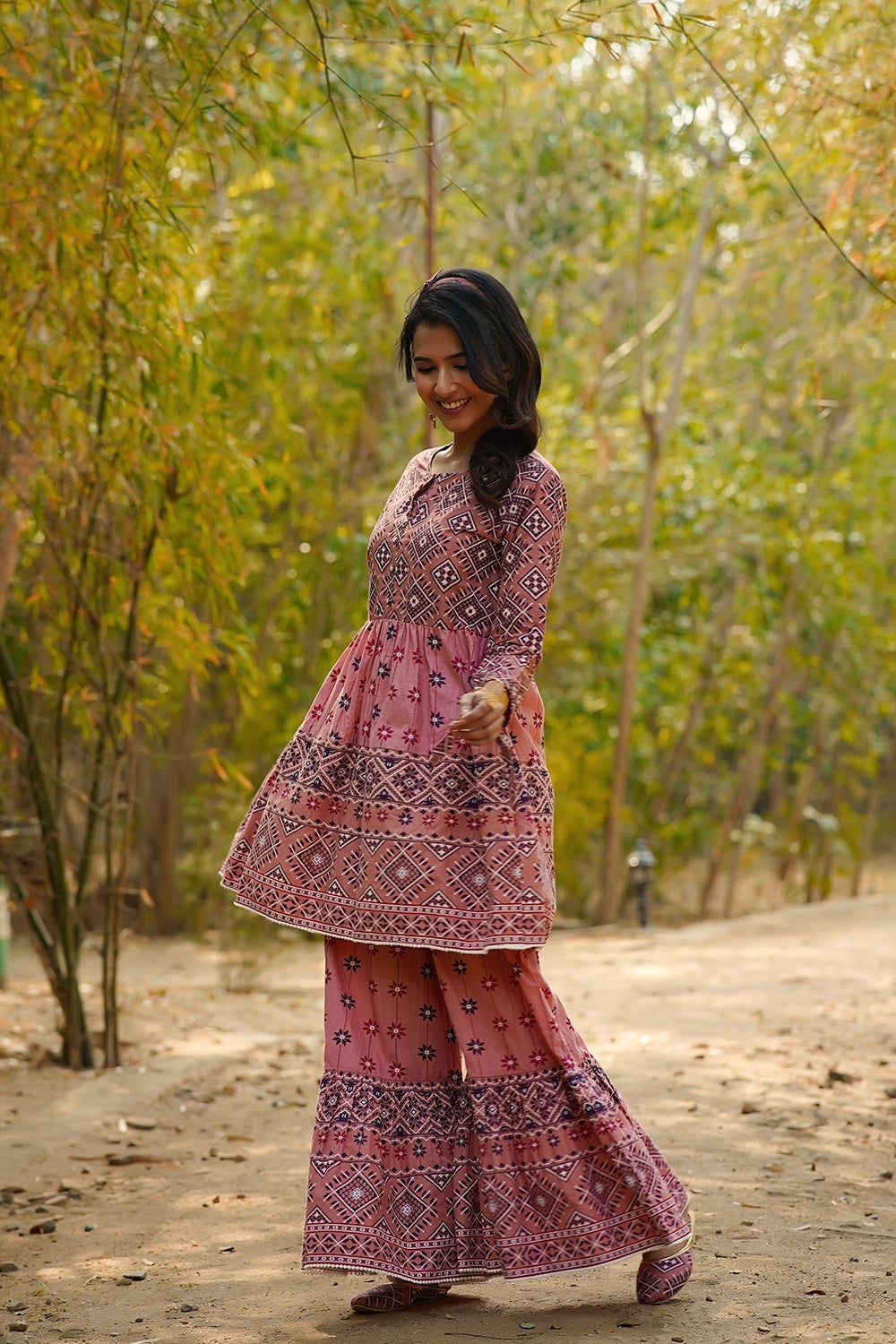 Juniper Peach Geometric Printed Pure Cotton Kurta Palazzo & Dupatta With Lace Work
