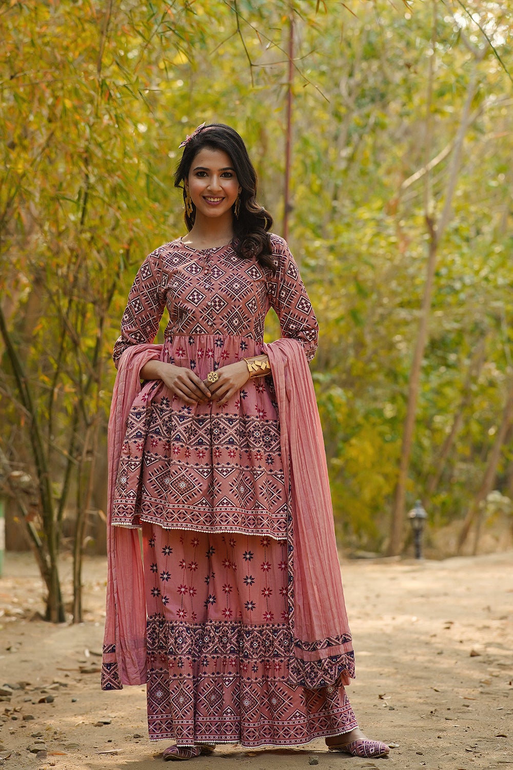 Juniper Peach Geometric Printed Pure Cotton Kurta Palazzo & Dupatta With Lace Work